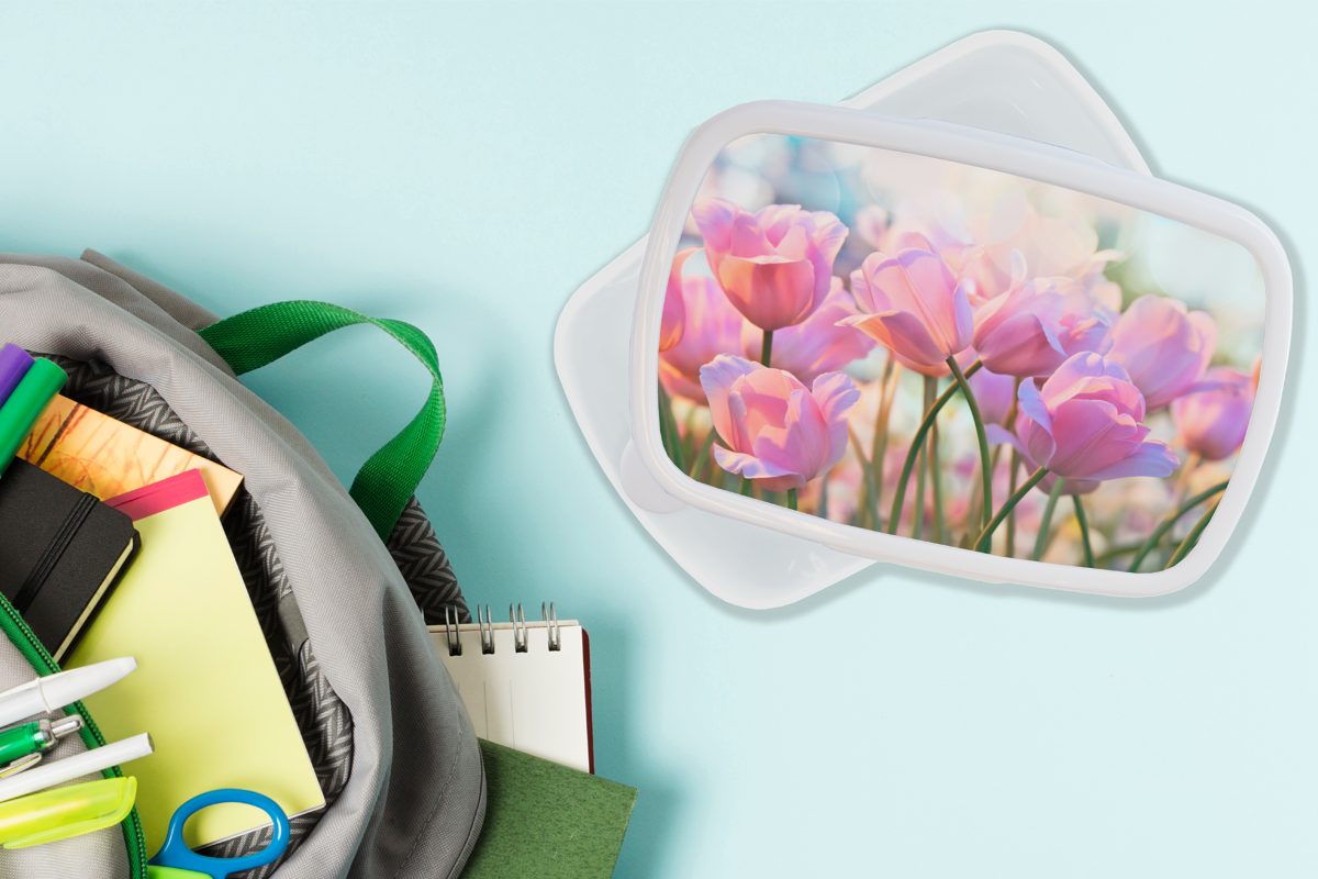 MuchoWow Lunchbox Tulpen Erwachsene, (2-tlg), Brotbox Frühling, und Kunststoff, - und für Brotdose, Jungs Rosa für weiß - Mädchen Kinder
