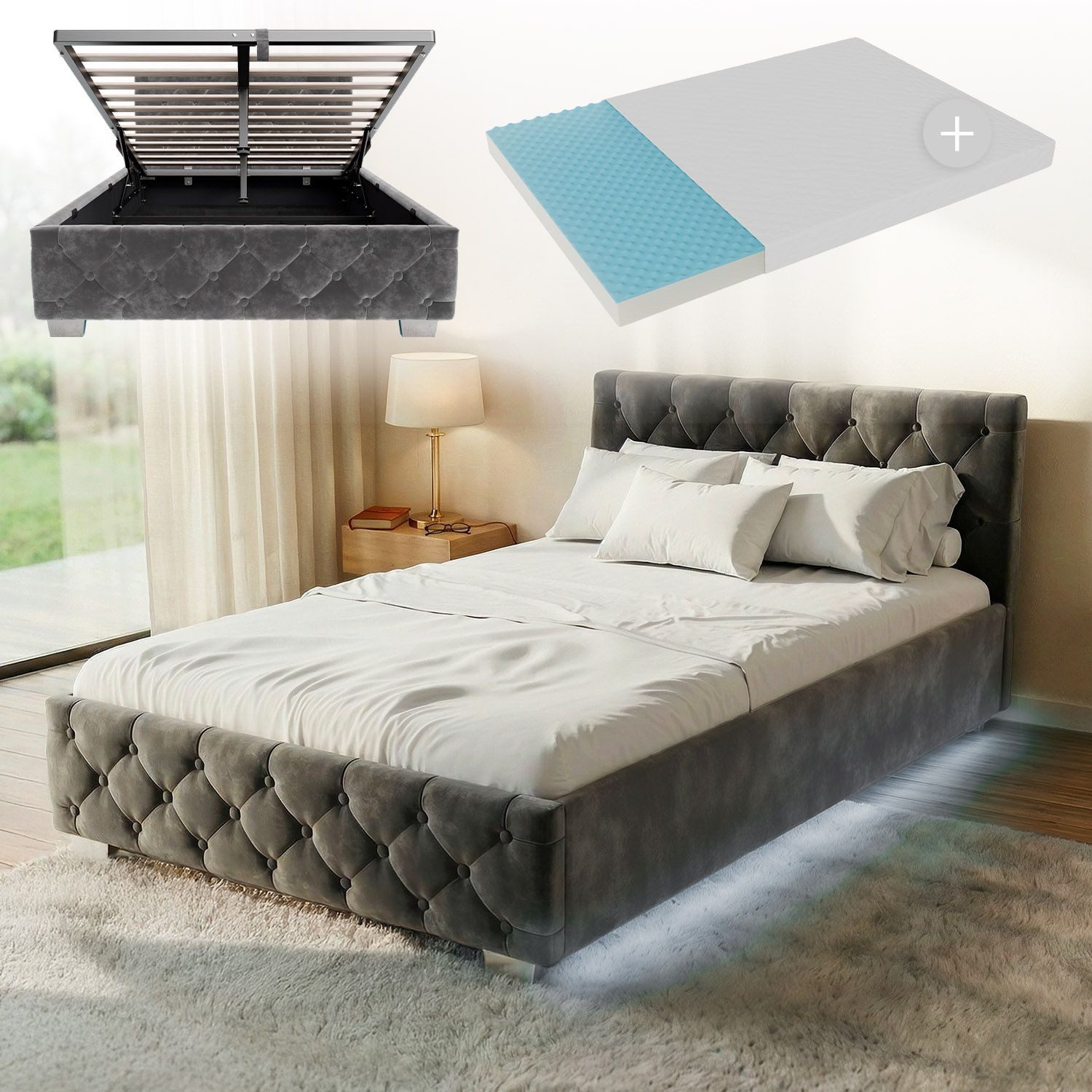 Juskys Polsterbett Nizza, 120x200 cm, LED Licht, Stauraum, Samtbezug, inkl. Matratze