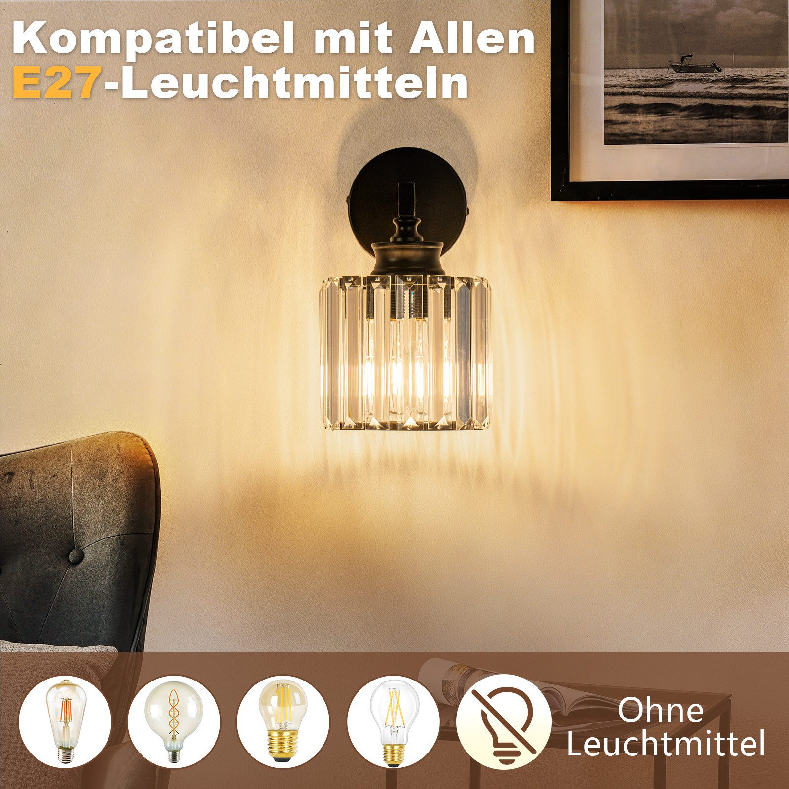 Nettlife Wandleuchte Kristall moderne Wandlampe E27 Wandbeleuchtung als Nachttischlampe, ohne Leuchtmittel, für Schlafzimmer, Wohnzimmer, Flur, Treppenhaus