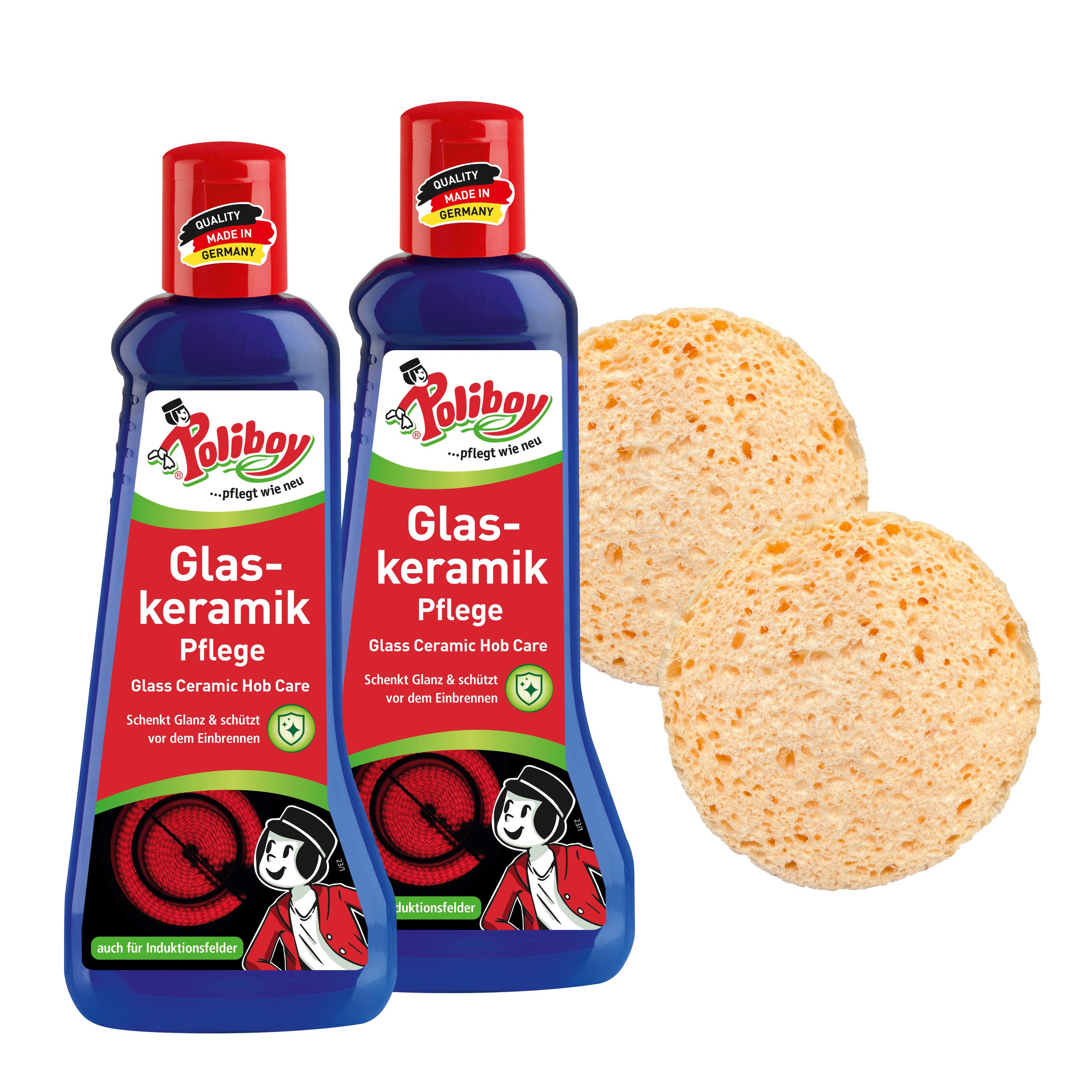 poliboy Reinigungsset für Glaskeramik - 2x200ml Glaskeramikreiniger (mit Einbrennschutz - Inklusive 2x Schwamm - Made in Germany)