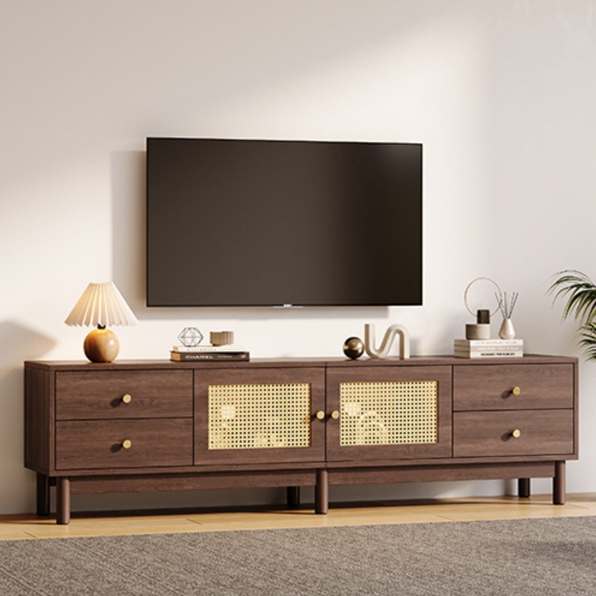 IDEASY TV-Schrank Holzfarbe TV- Schrank, Lowboard mit Rattan- Tür Design, 180×35×44 cm 2 Türen, 4 Schubladen, geeignet für TV-Geräte bis zu 80 Zoll