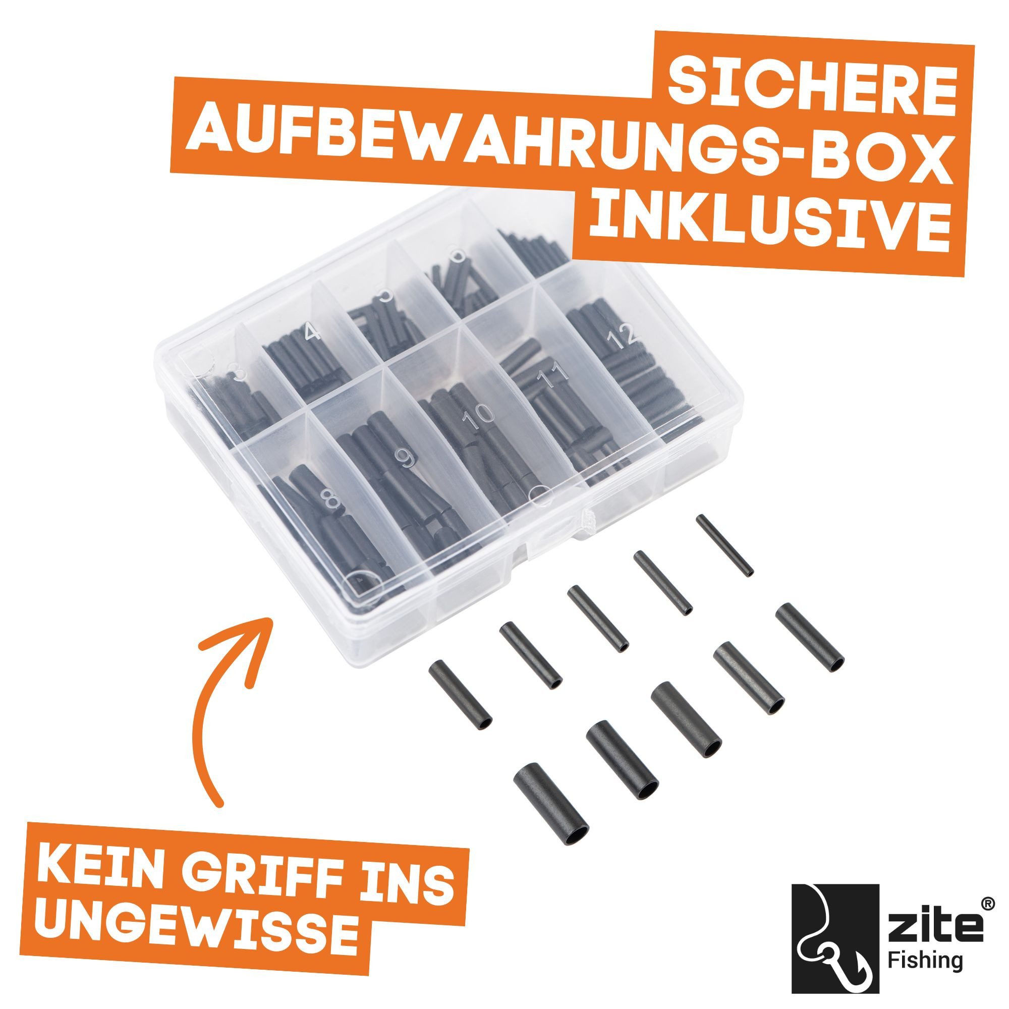 Zite Quetschhülse Set 10 Gr. 150 STK Klemmhülsen Schwarz in Box Angeln Vorfachmaterial