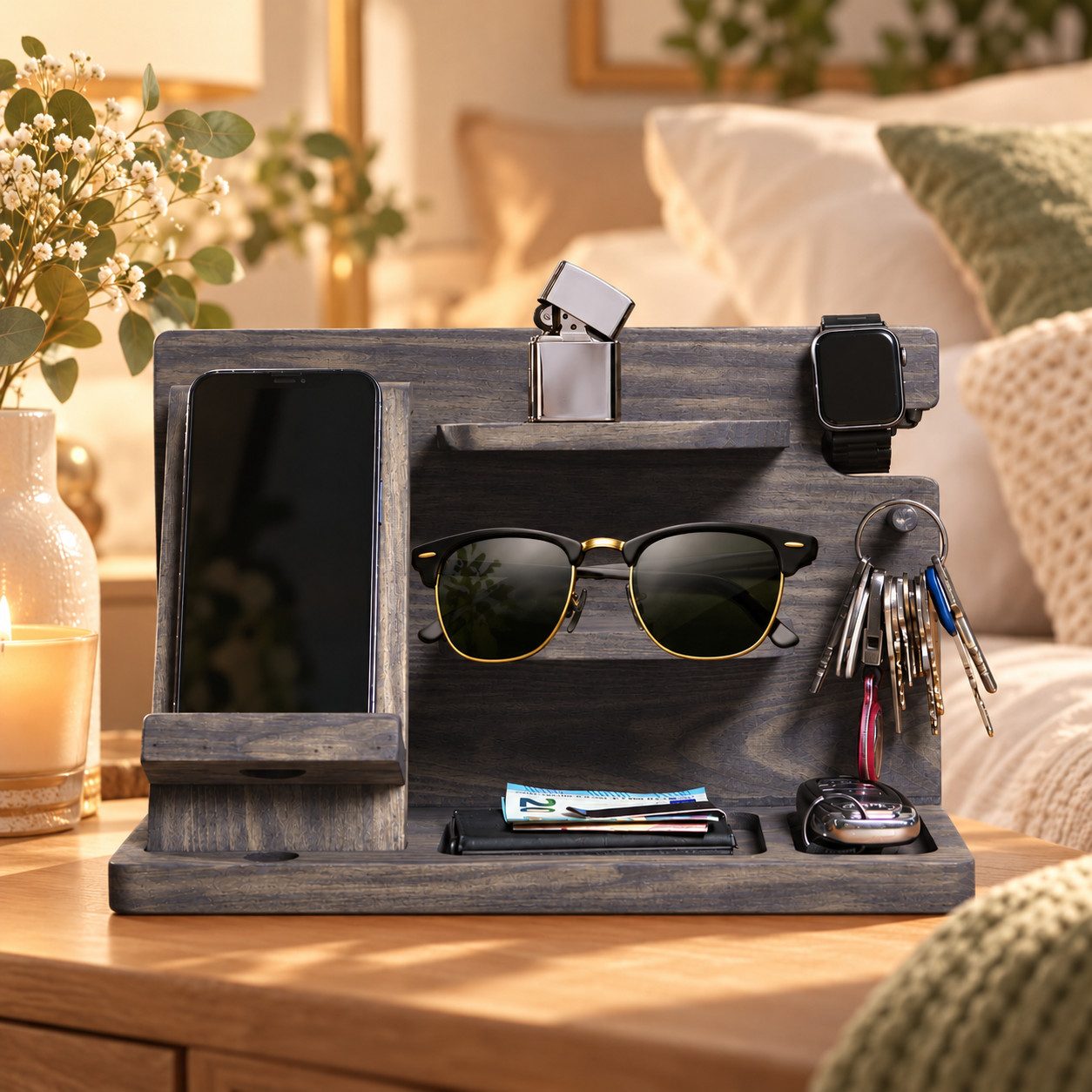 PEGSEN Nachttisch Organizer für den Schreibtisch Dockingstation Aufbewahrung aus Holz (Aufbewahrung für Uhr, Kopfhörer, Brille, Tablet & Buch), handgefertigt, H – Bild 2 von 5