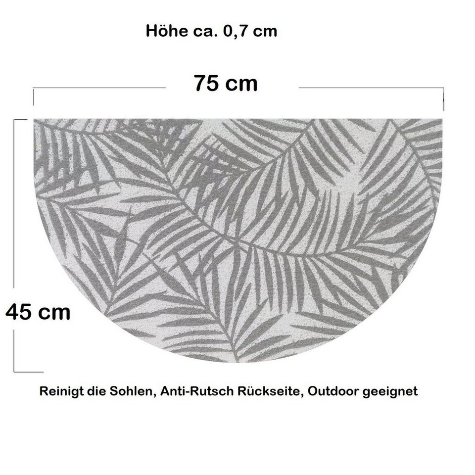 Fußmatte halbrund grau Blätter Muster Schmutzfangmatte Türmatte  Fußabtreter, Sanixa, halbrund, Höhe: 7 mm, rutschfest