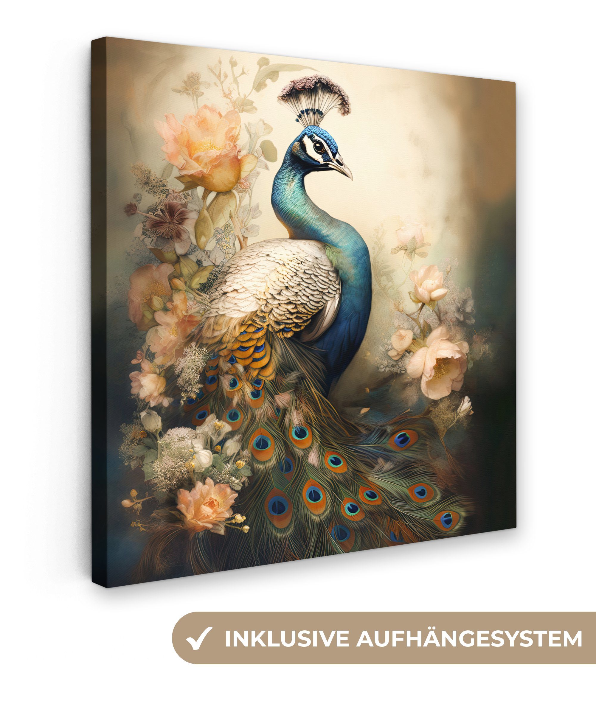 OneMillionCanvasses® Leinwandbild Pfau - Pfauenfedern - Blumen - Botanisch, günstig online kaufen
