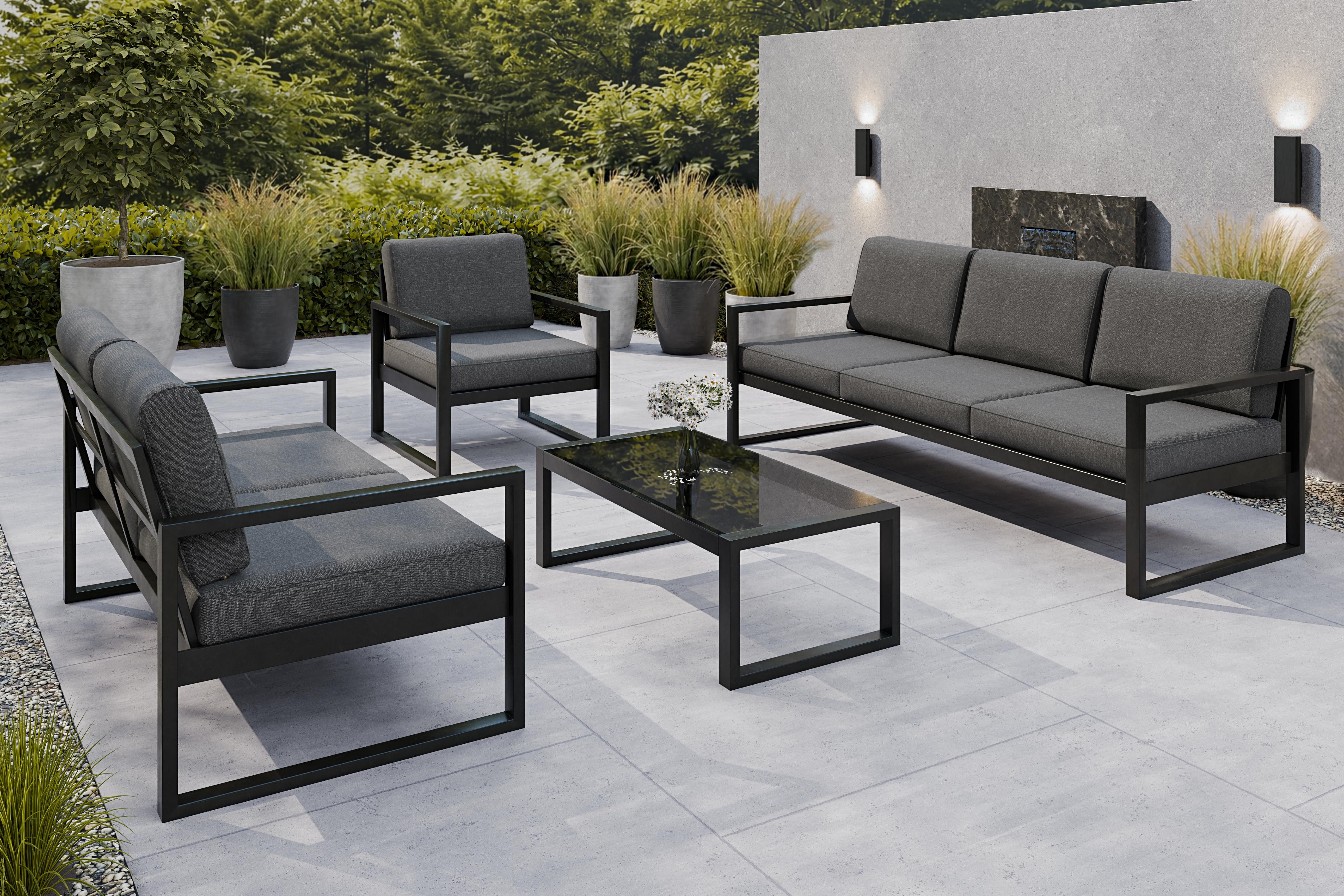 Design Möbel Gartenlounge-Set Gartenmöbel Set Solar Lounge Sofa Sessel Tisch Metall SCHWARZ
