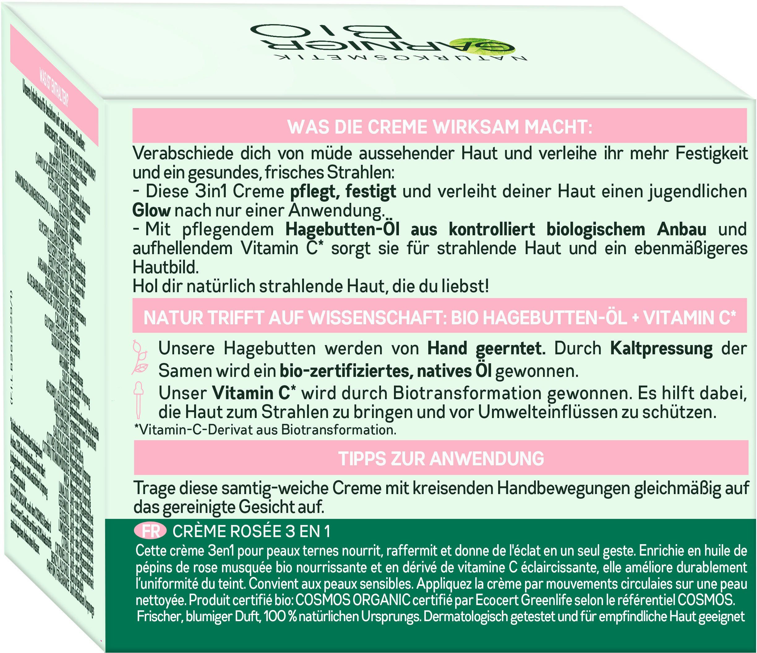 GARNIER Feuchtigkeitscreme Rosy Glow 3in1 Rosé, auch für empfindliche Haut, mit Vitamin C und Hagebutten-Öl