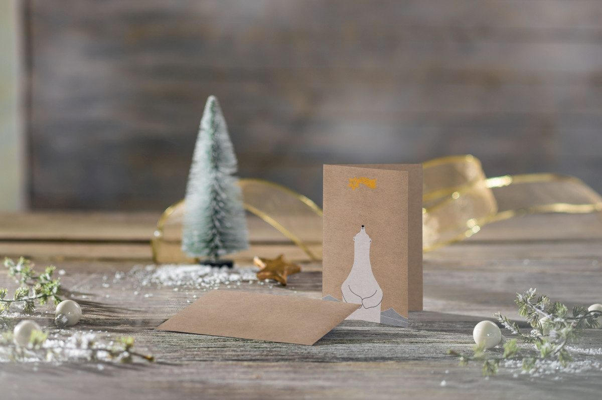 Thumbnail - Sigel Designpapier Weihnachtskarte A6 (A5) 225g 10+10 Stück Kraftk. Polar bear w. shootin