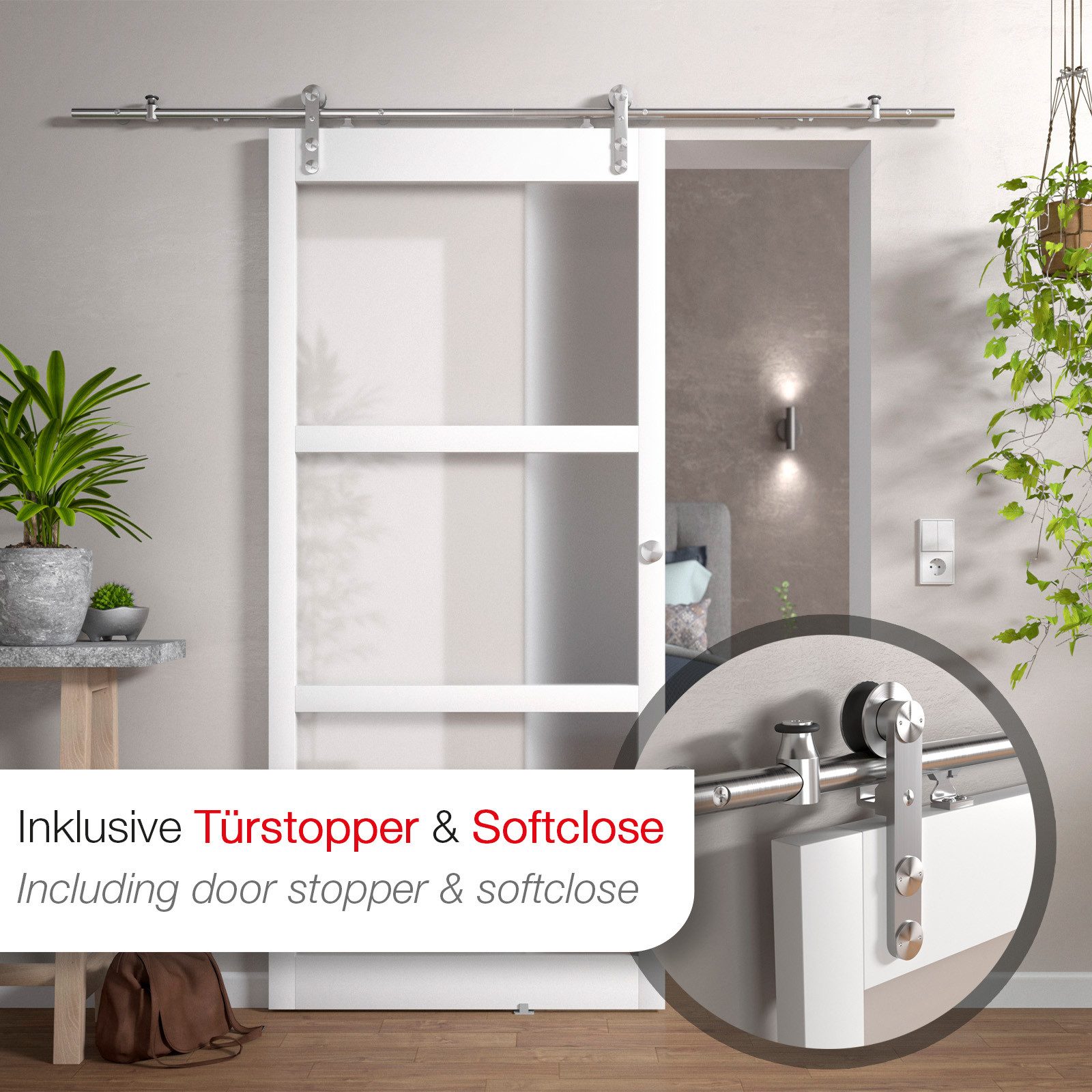 Thumbnail - SO-TECH® Schiebetür Beschlag-Set, Edelstahl, mit Türstopper & Bodenführung (1-St), mit Soft-Close, seitlich anschraubbar...