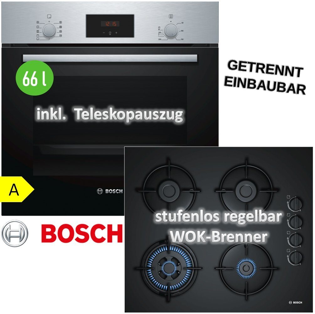 keenberk Backofen-Set Bosch Herdset Autark Gasherd Einbau Backofen Heißluft  + GAS Kochfeld auf HARTGLAS 60cm