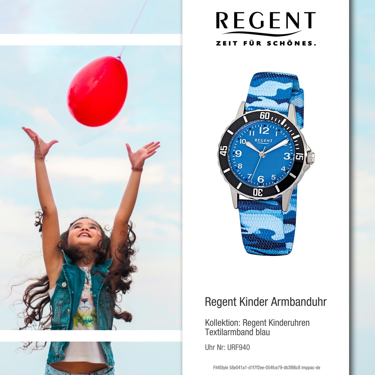 Regent Quarzuhr Regent Textil Stoff Kinder Uhr F-940, Kinderuhr mit Textil,  Stoffarmband, rundes Gehäuse, klein (ca. 29mm)