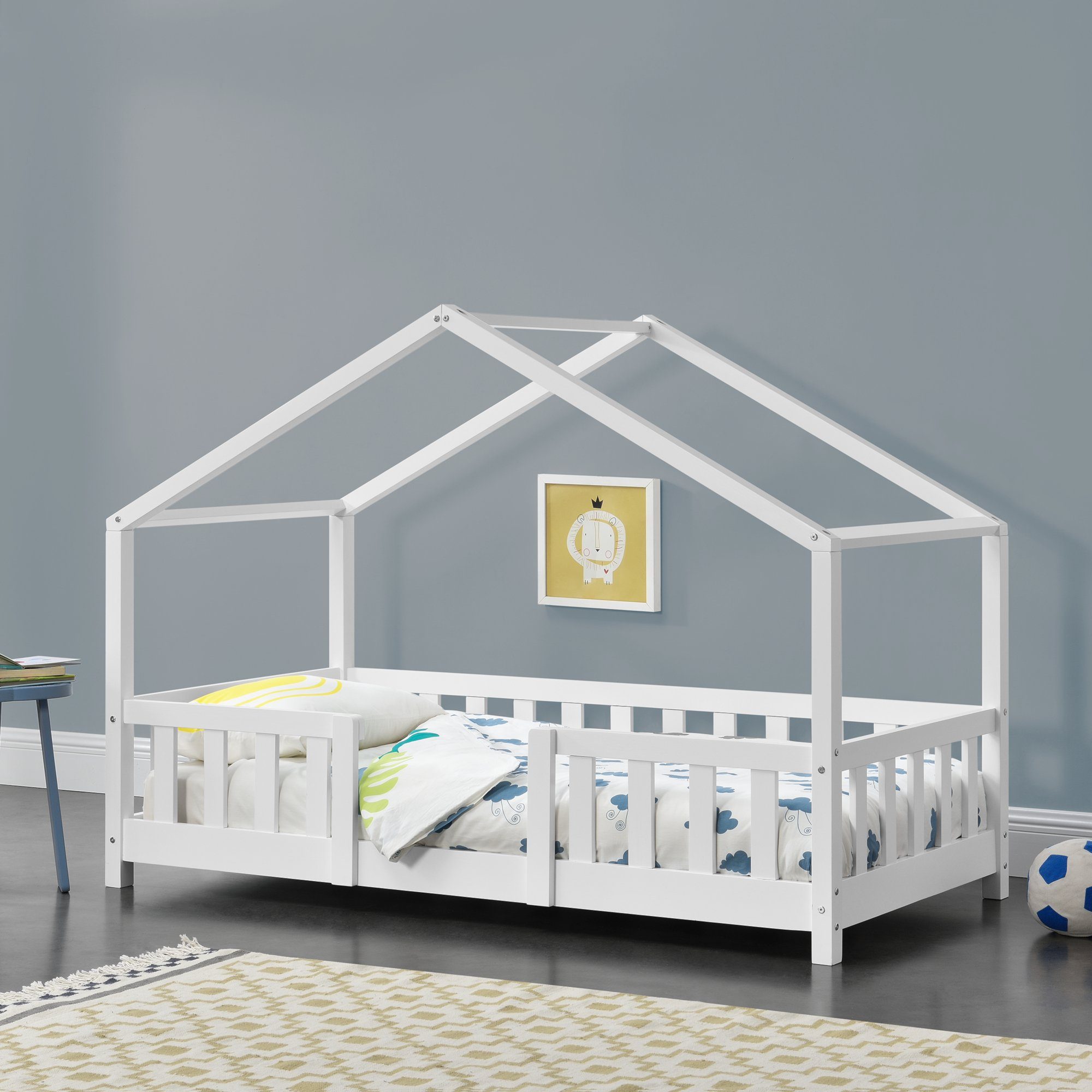 en.casa Kinderbett, »Treviolo« Haus-Optik mit Rausfallschutz 80x160 cm Weiß