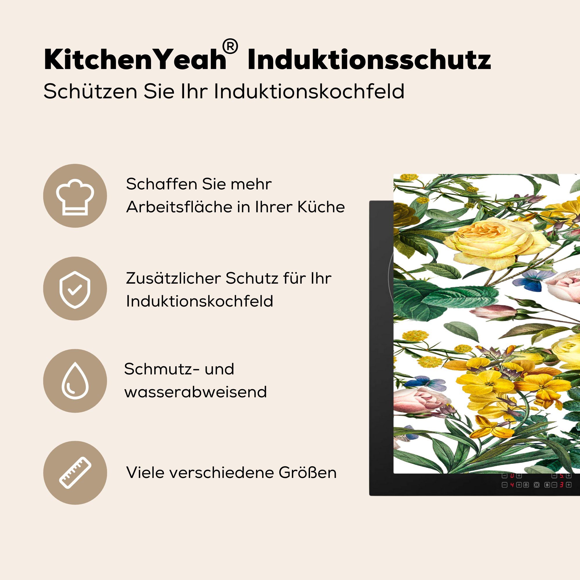 81x52 Vinyl, tlg), Herdblende-/Abdeckplatte Schmetterling, Induktionskochfeld küche, Blumen cm, für Schutz - (1 - die Ceranfeldabdeckung Gelb MuchoWow