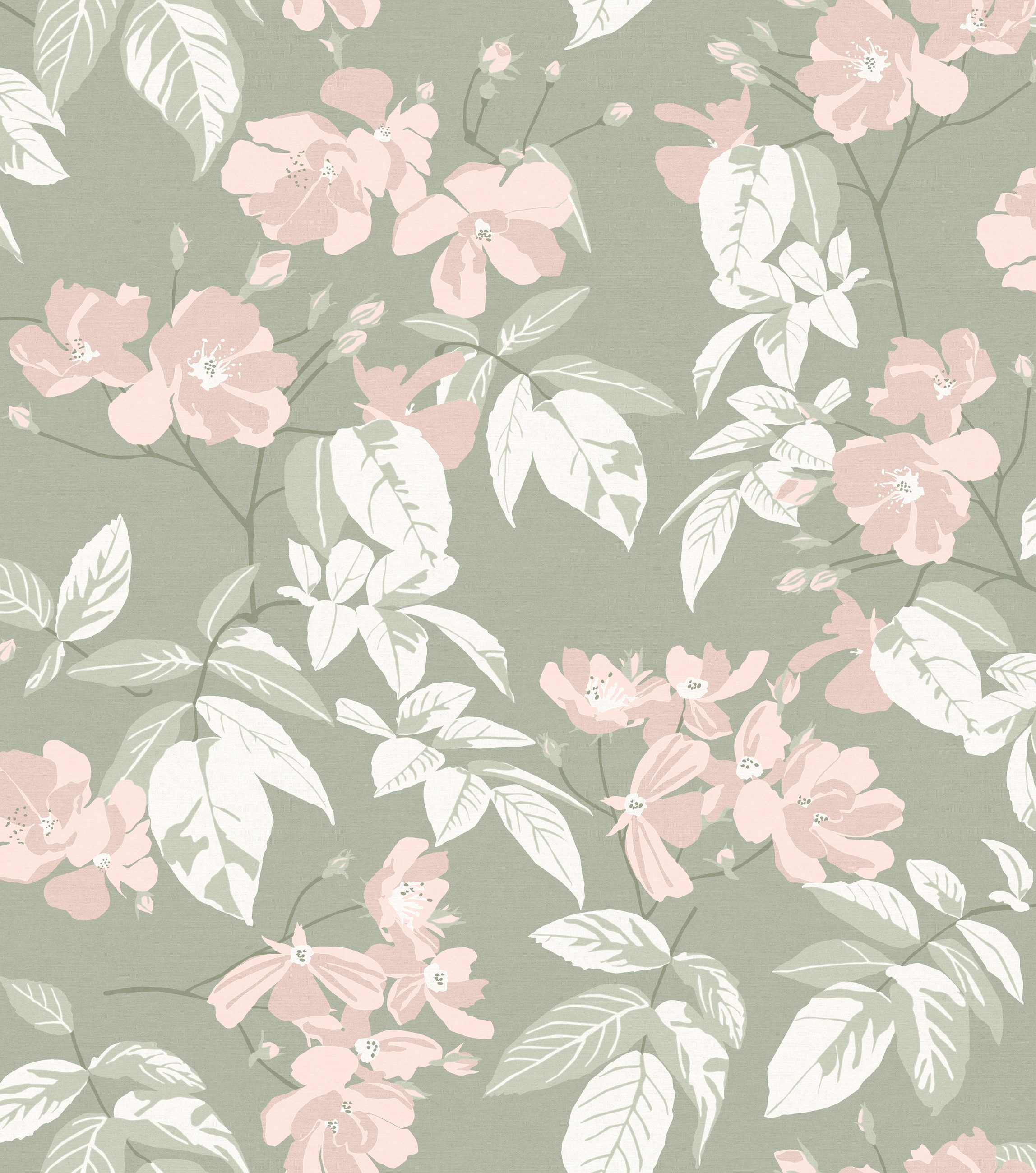 Rasch Fototapete Blätter, Blüten, Ranken & Zweige - Vliestapete Grün, floral, bedruckt, (1 Rolle, 1 St., Kollektion 'SCHÖNER WOHNEN "Cosy Living"' - 3 m x 2,65 m), Lichtbeständige Farben - Feucht abwischbar - Restlost abziehbar