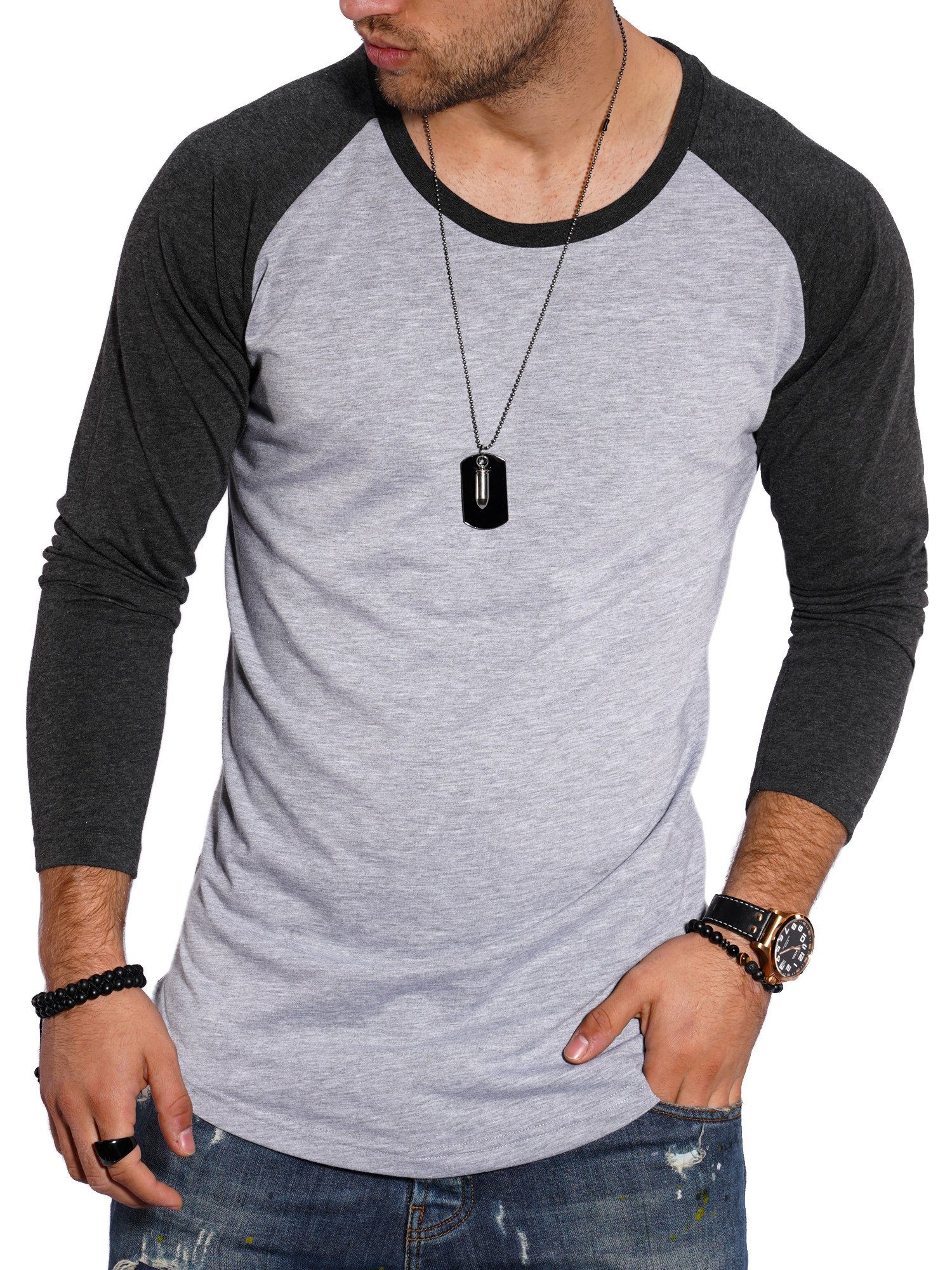 Style-Division Longsleeve SDGLENDALE Basic Shirt im Raglan-Stil Hellgrau-Schwarz