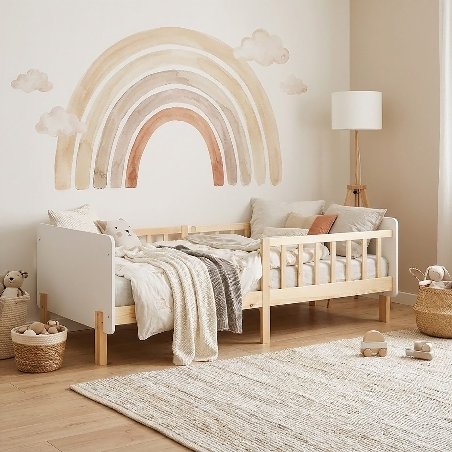 Homestyle4u Kinderbett 90x200 Holzbett Einzelbett Rausfallschutz Gestell Kinderzimmer (Komplett-Set mit Lattenrost, Matratze mit OEKO-TEX® Standard 100), Weiß/Natur