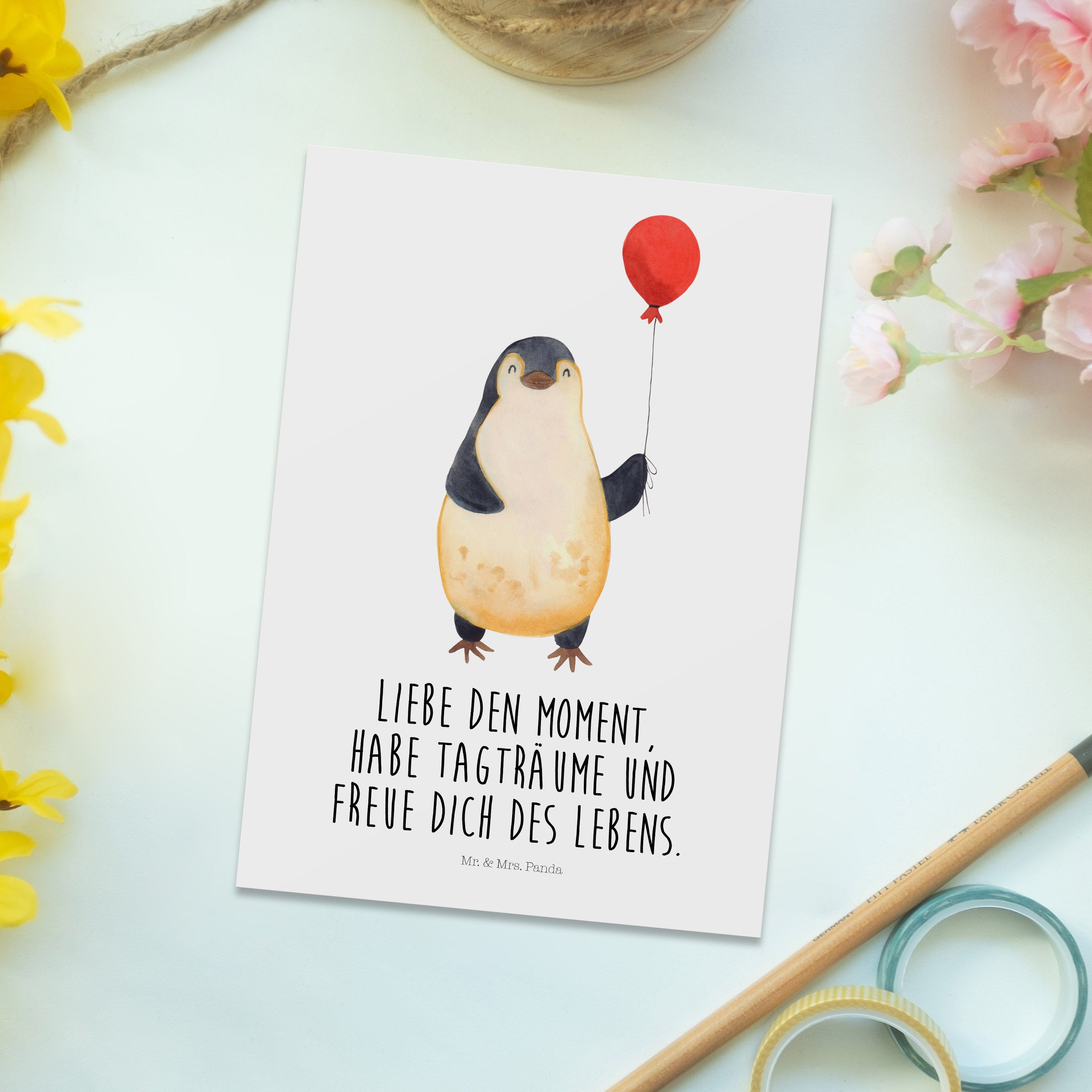 Mr. & Panda Weiß Geschenk, Geschenkkarte Postkarte Kind, Pinguin Luftballon - - Mrs. Neustart