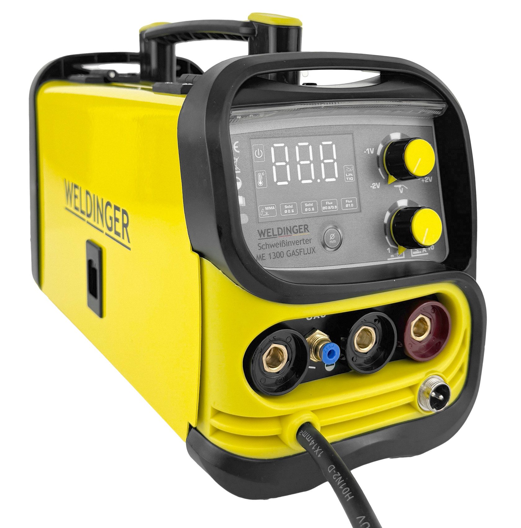 WELDINGER Fülldrahtschweißgerät ME 1300 GASFLUX + Koffer + Fülldraht + Düsensatz (auch für Schutzgas), 20 - 130 A, 11-tlg., Schutzgasanschluss, Umpolkabel, inkl. Fülldraht