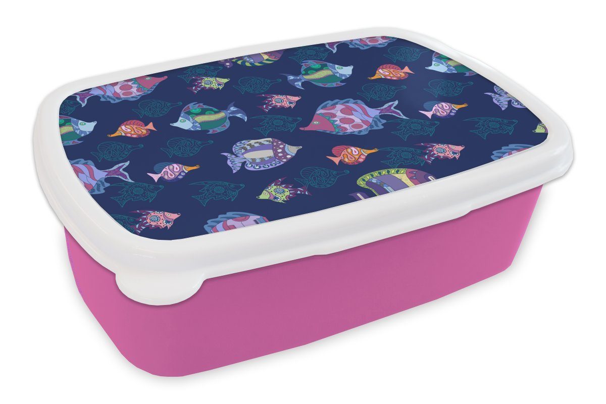 MuchoWow Lunchbox Fische - Muster - Aquarium - Regenbogen - Kind, Kunststoff, (2-tlg), Brotbox für Erwachsene, Brotdose Kinder, Snackbox, Mädchen, Kunststoff rosa