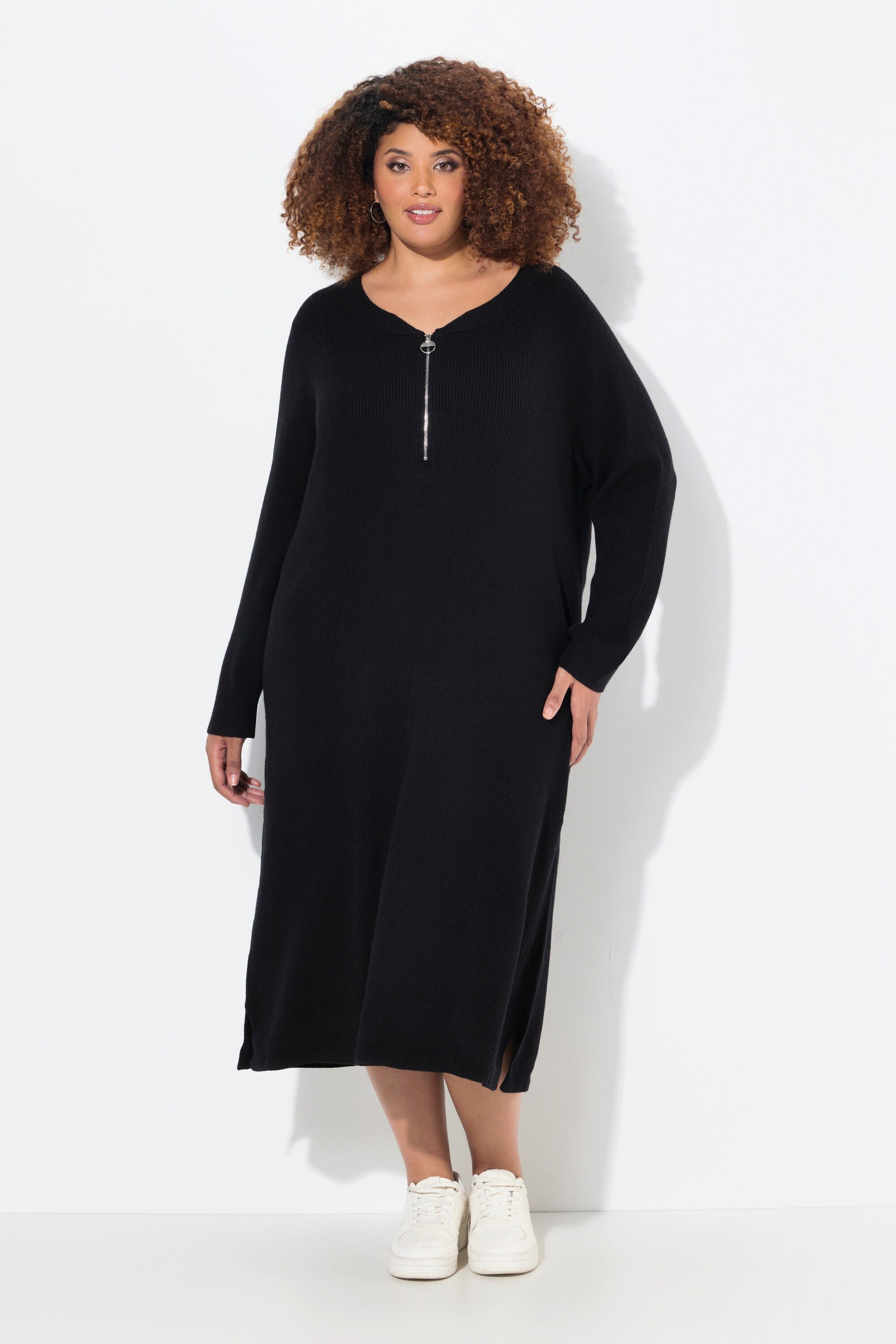 Ulla Popken Strickkleid Rippjersey-Midikleid Zipper A-Linie V-Ausschnitt