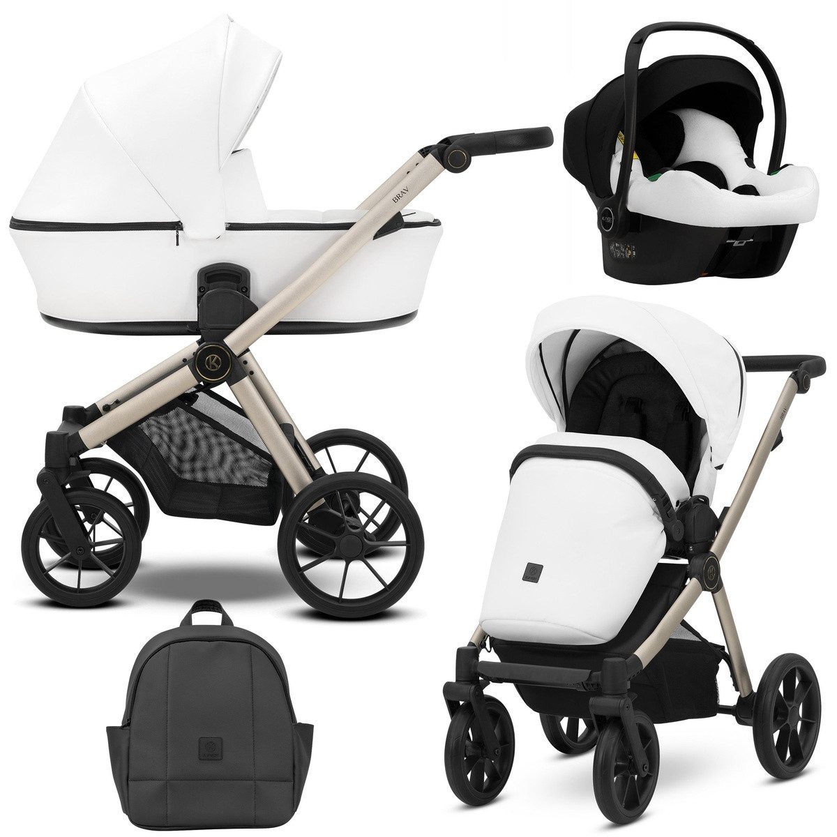 KUNERT Kombi-Kinderwagen BRAV 3 in1 Öko-Leder Kinderwagen mit Champagner Rahmen, Gelrädern, Leichtes Aluminiumgestell, 5-Punkt-Sicherheitsgurte