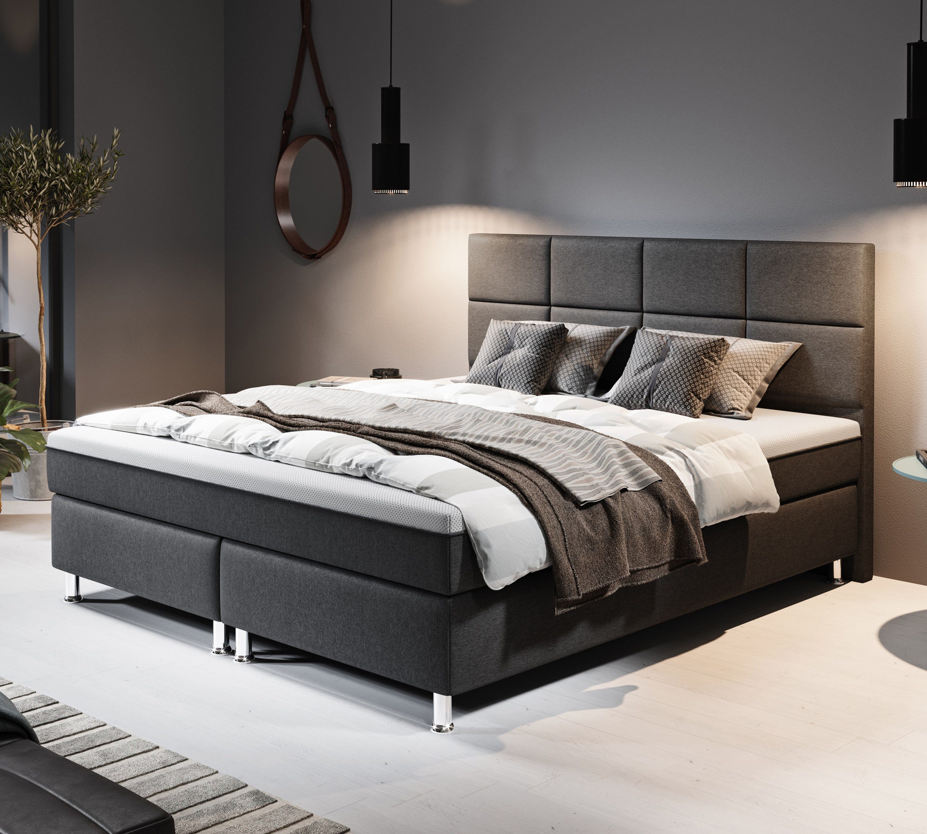 inter Boxspringbett R2 180x200 cm Webstoff (Set, Komplettes Set inkl. 7-Zonen Taschenfederkernmatratzen), SOFORT LIEFERBAR