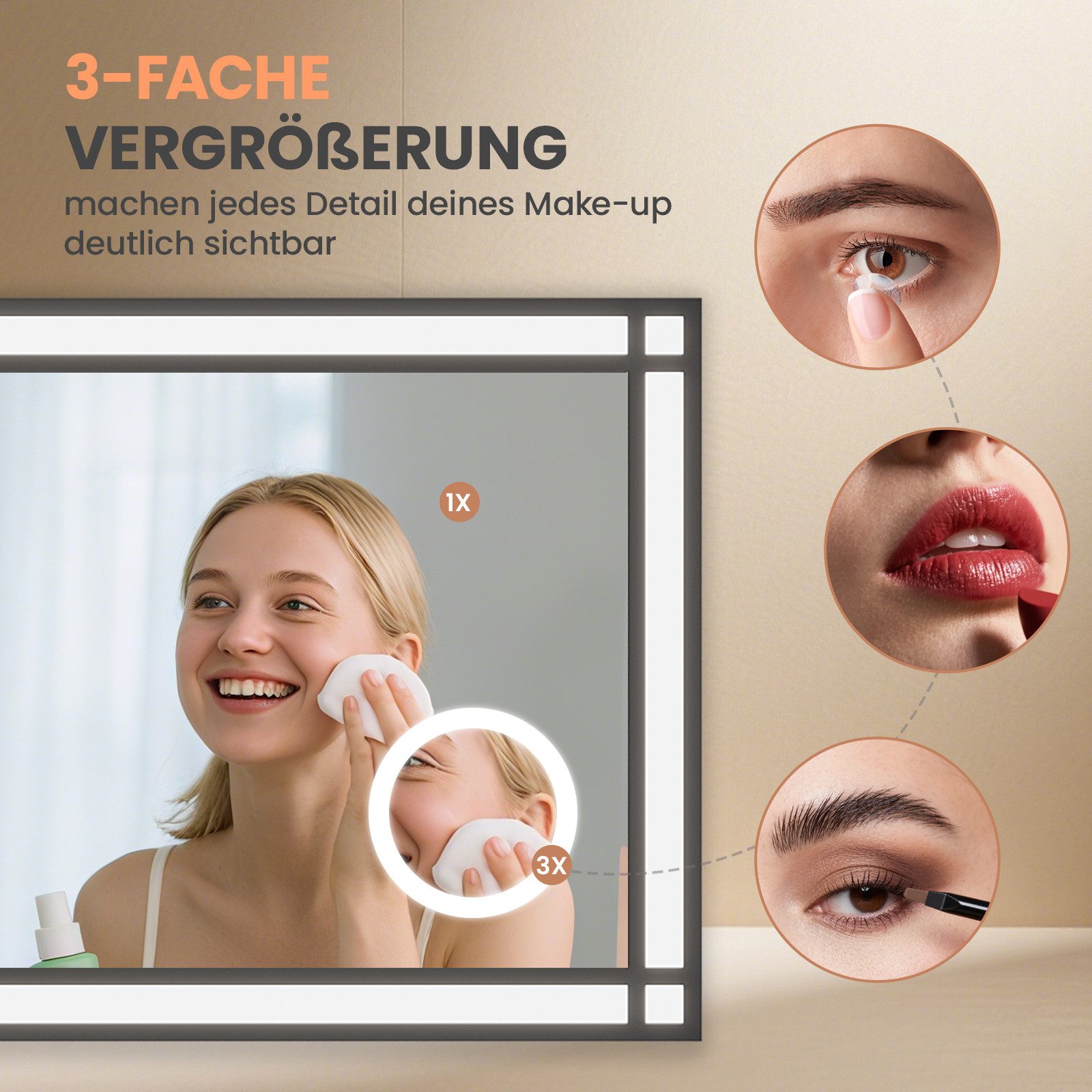 AQUALAVOS Badspiegel LED Badspiegel 120x60cm mit 3X Vergrößerung Schminkspiegel Digitaluhr, Beschlagfrei Wandmontage inkl. leicht verständlicher Montageanleitun – Bild 4 von 5