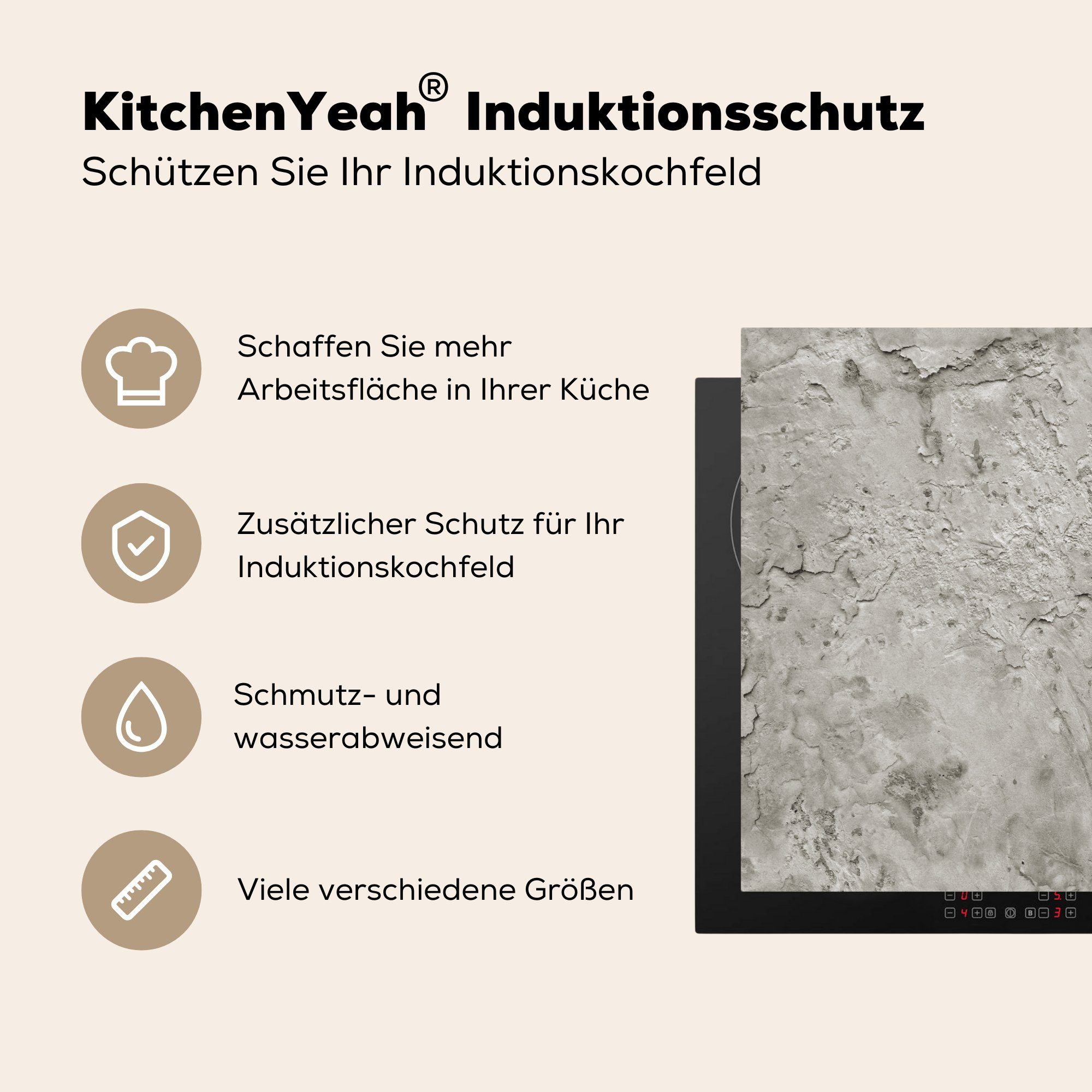 - Herdblende-/Abdeckplatte MuchoWow - Ceranfeldabdeckung, für küche 78x78 cm, tlg), Grau, (1 Arbeitsplatte Textur Steine Vinyl,