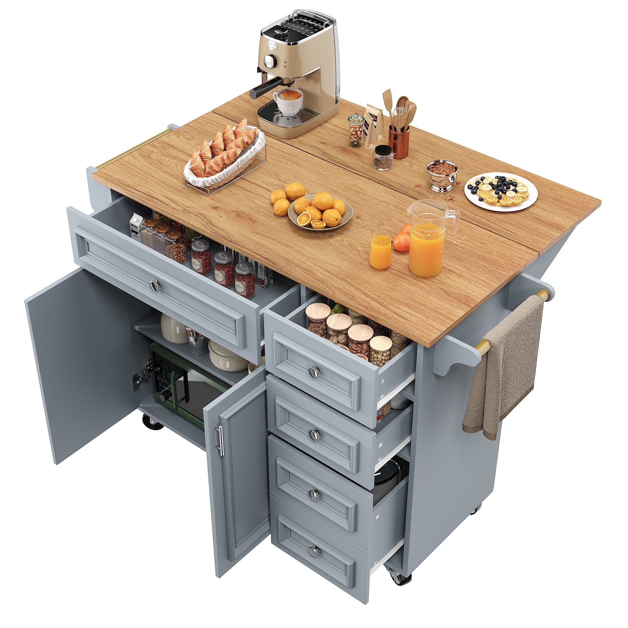 REDOM Küchenwagen Multifunktionale Kücheninsel, (Multifunktionale Kücheninsel mit Klappfunktion – Stauraum, verstellbare Trennwände, Vintage-Muster)