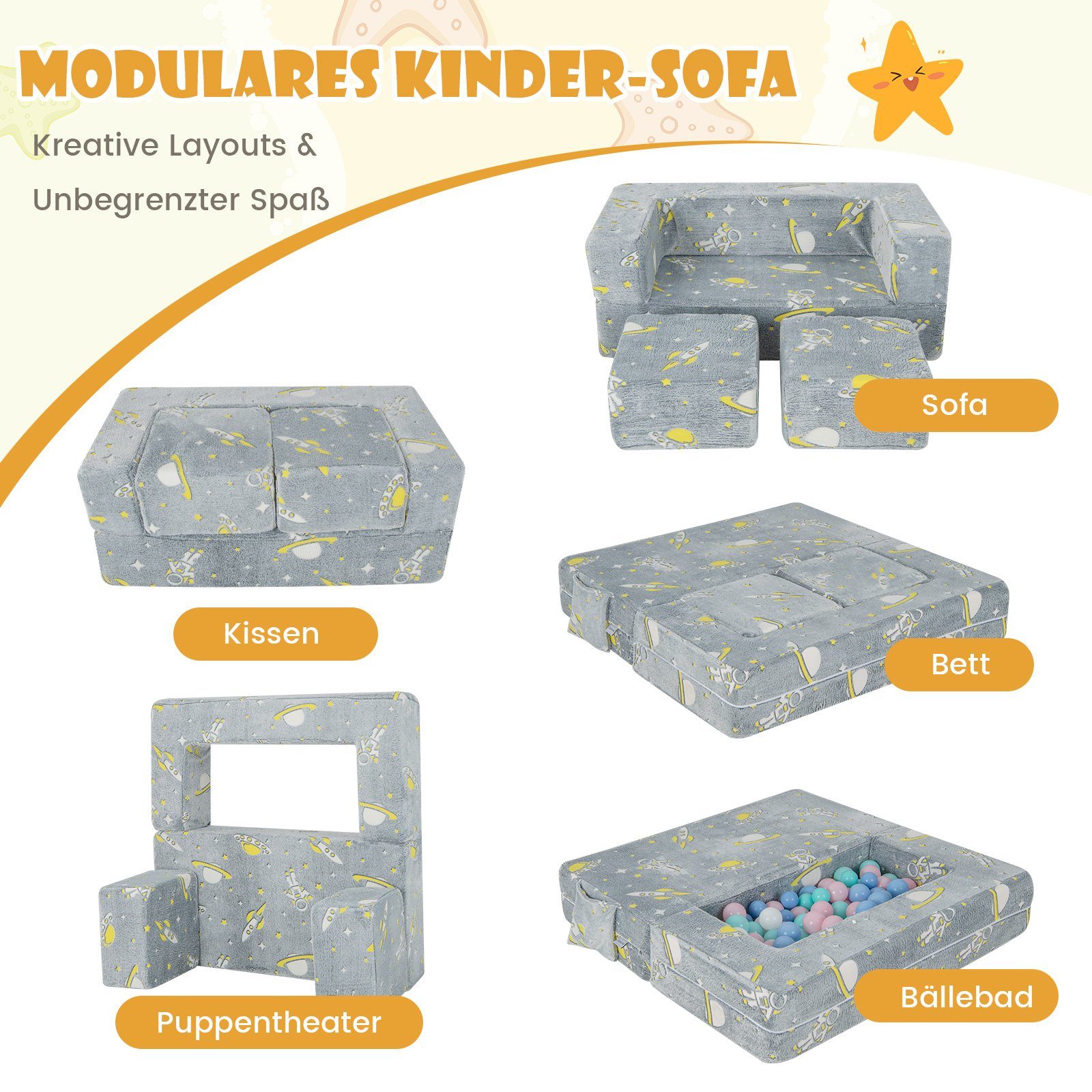 COSTWAY Kindersofa Modulare Schlafsofa Leuchtend, 107 günstig online kaufen