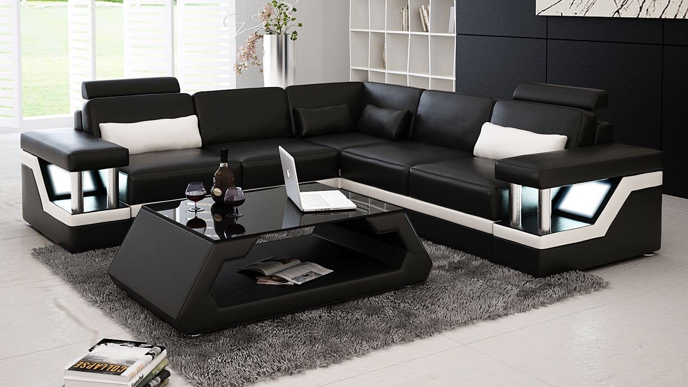 JVmoebel Ecksofa Couch Ecksofa Leder Wohnlandschaft Garnitur Design Modern, Made in Europe Schwarz