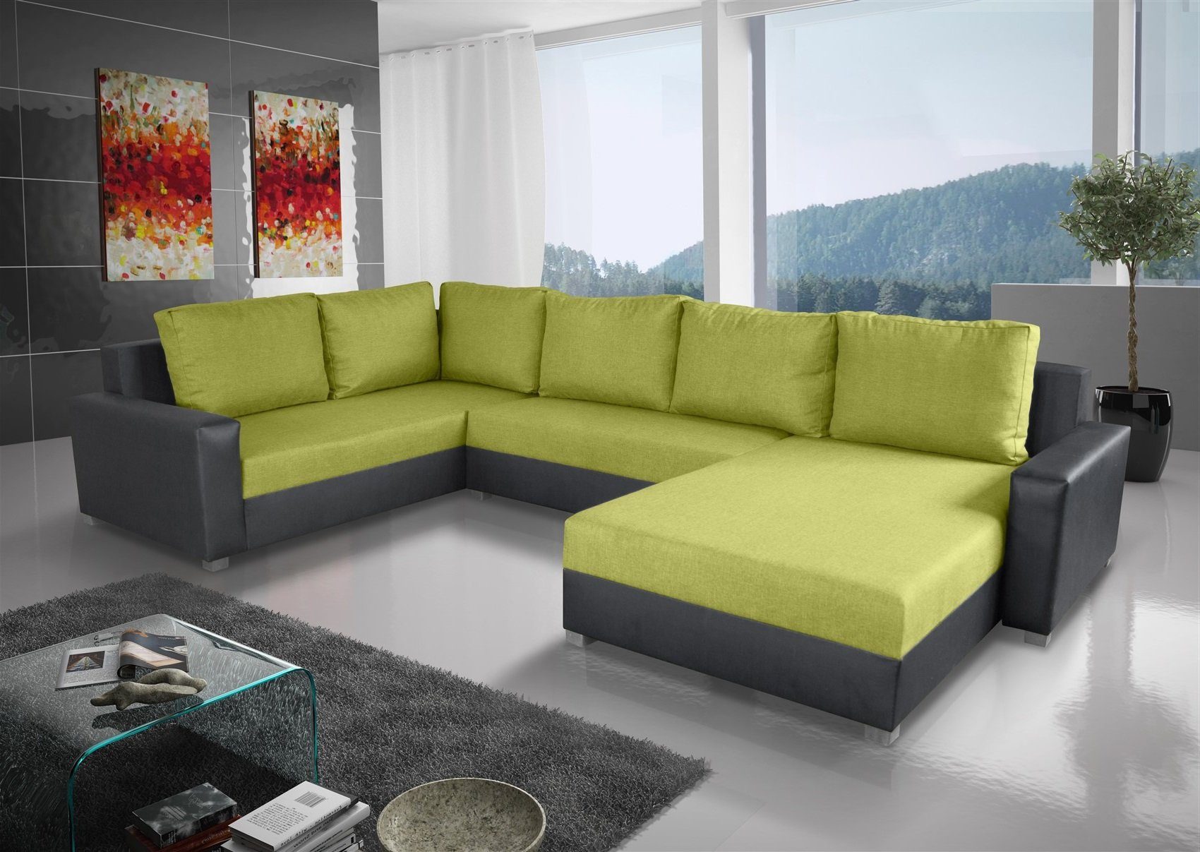 Fun Möbel Wohnlandschaft Couchgarnitur GRADO mit Schlaffunktion Ottomane Links oder Rechts, inkl. 6 Rückenkissen mit Reißverschluss, Inkl. Bettkasten