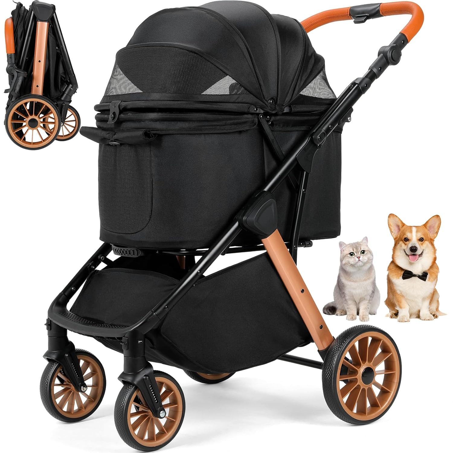 TLGREEN Hundebuggy One-Touch Faltbarer bis 25 kg, (Leichter Katzenwagen mit 360° Rädern & Belüftung, Großer Stauraum), Ideal für Kleine Hunde, Ältere Tiere, Reisen, Tierarzt