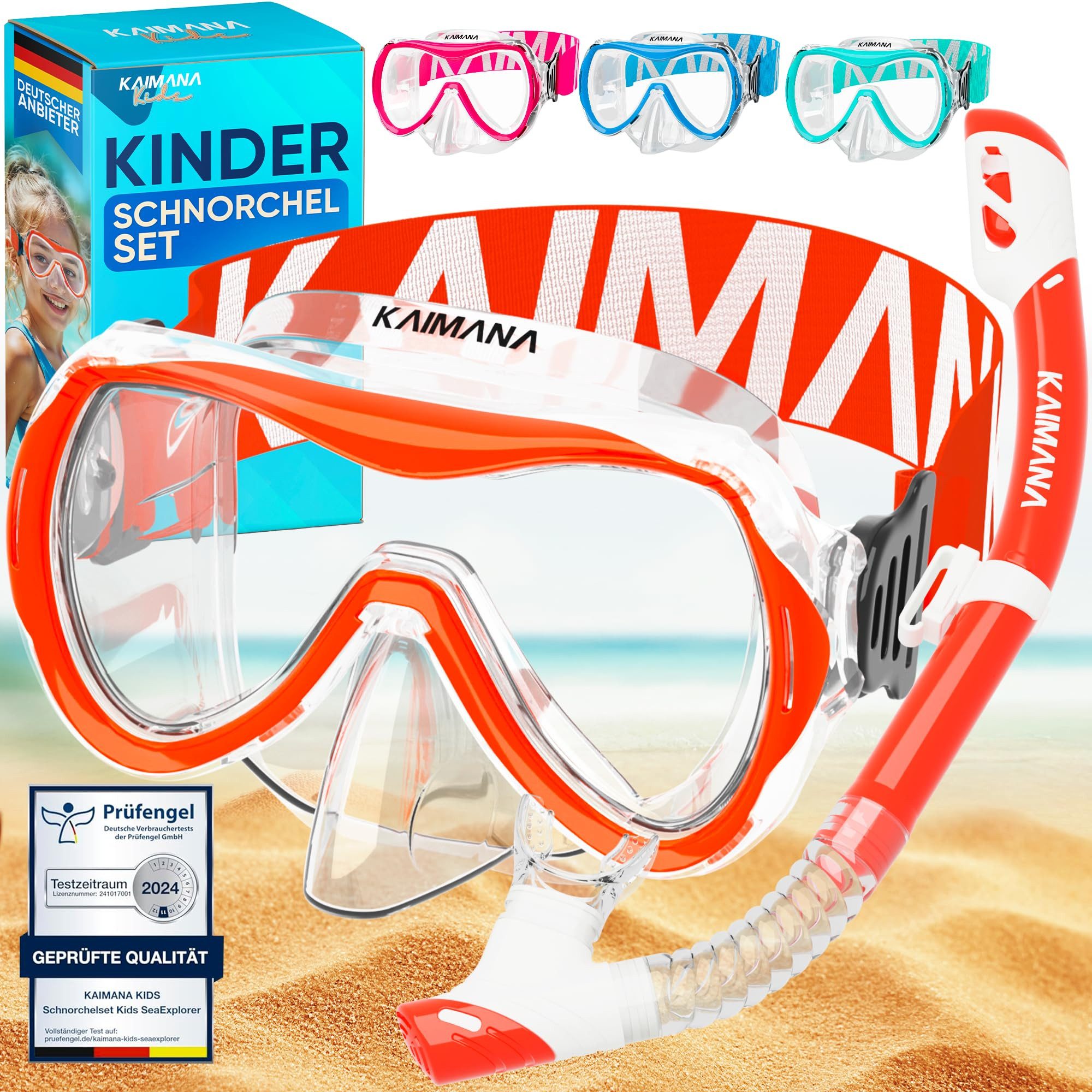 KAIMANA Tauchermaske SeaExplorer Schnorchelset Kinder inkl. Tragetasche, (Taucherbrille mit Schnorchel, Taucherbrille Kinder), Taucherbrille mit Stoffband/Silikonband