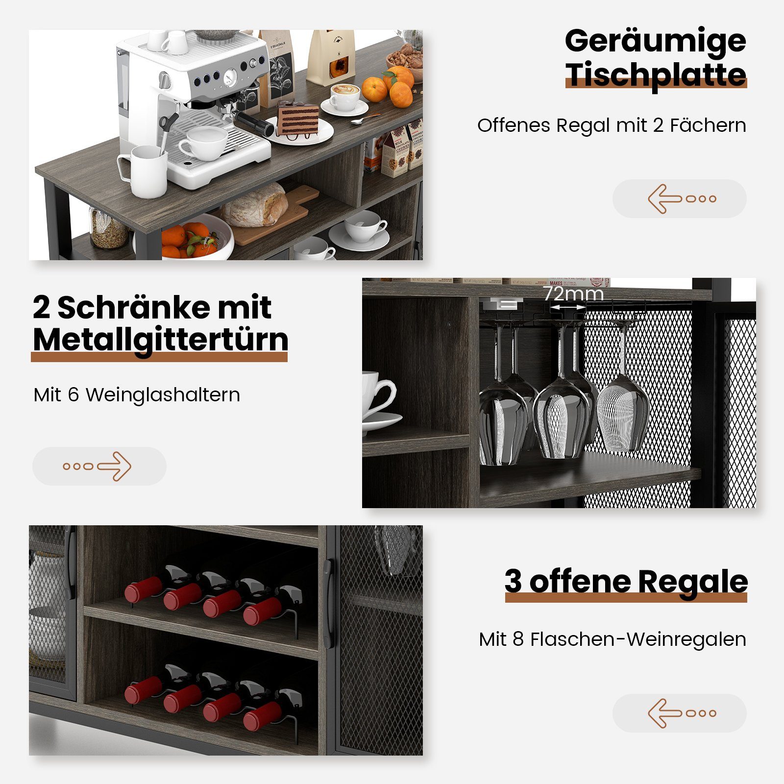 COSTWAY Sideboard, Küchenschrank mit 2 Metallgittertüren, Weinregalen, 140cm