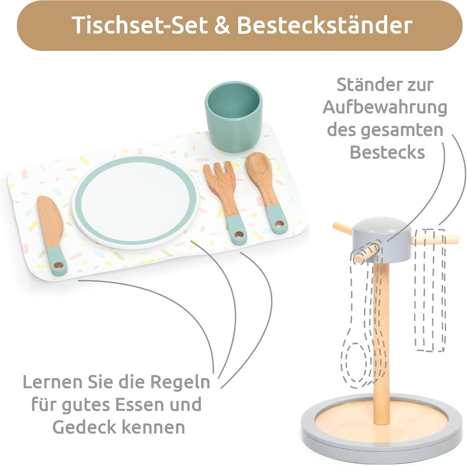 Esun Spielküche Kinderküche Zubehör Holz, 33 St. Geschirrset mit Tassen, Spielküche, Geschenk für Mädchen Jungen ab 3 4 5 6 7 8 Jahre