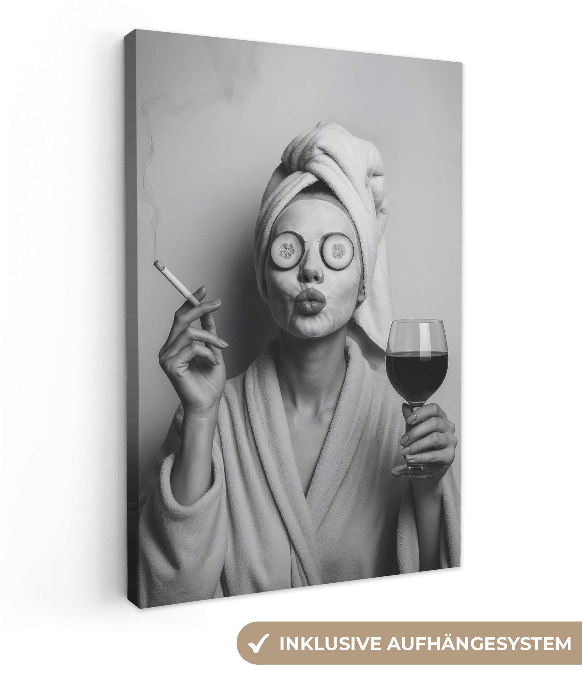 OneMillionCanvasses® Leinwandbild Frau - Maske - Wein - Zigarette, Fotodruck (1 St), Leinwand Canvas Wandbild, Wanddekoration 20x30 cm