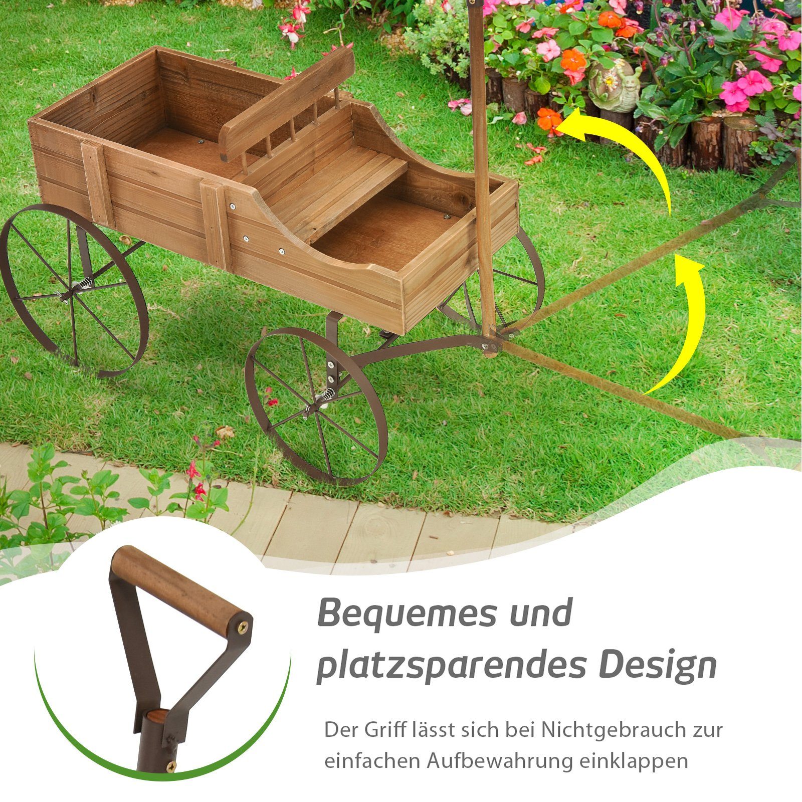 COSTWAY Blumenständer, Pflanzwagen mit 4 Metallrädern Griff, 62x34x60cm & Natur