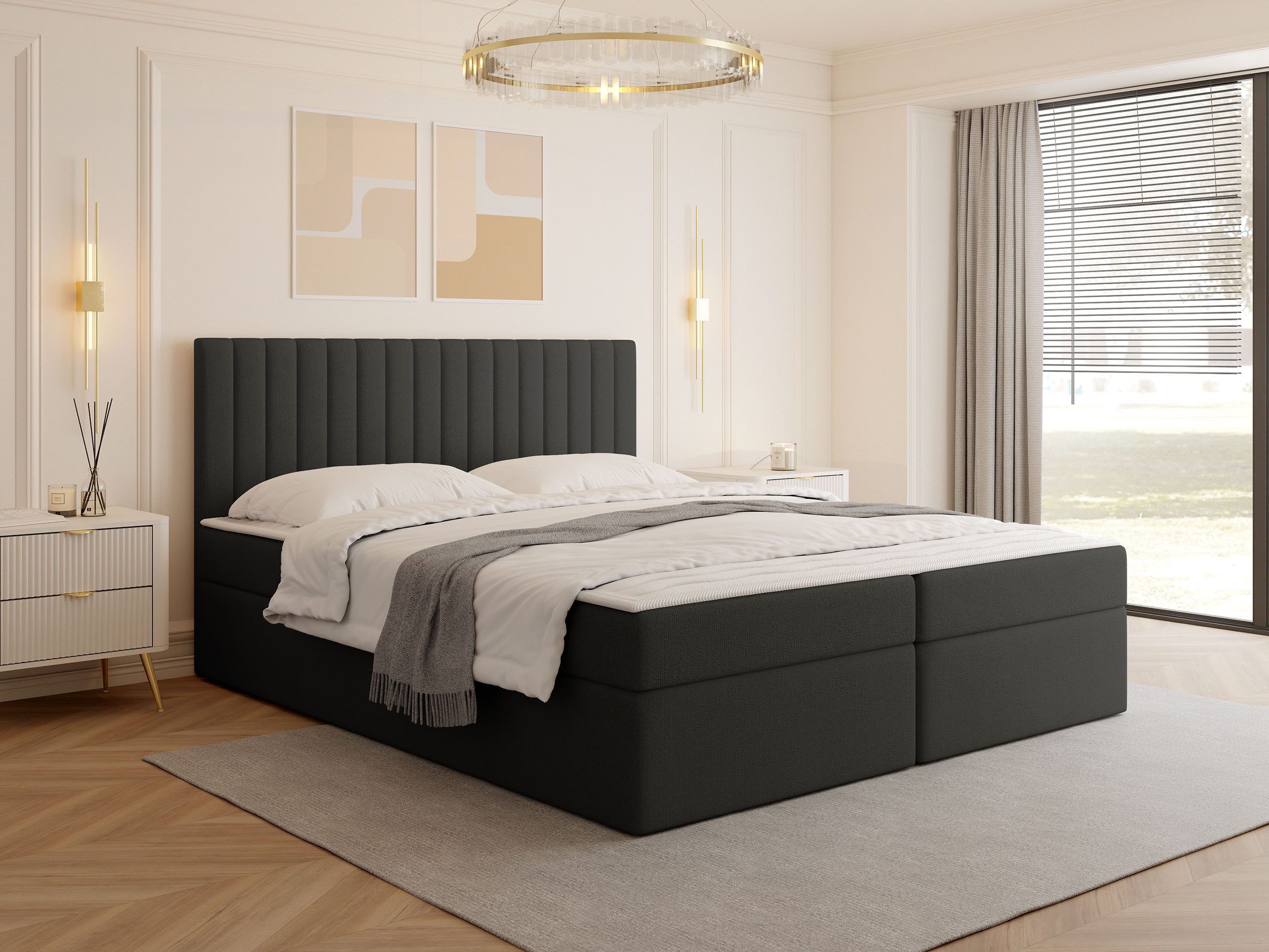 MIRJAN24 Boxspringbett Tirulo (mit zwei Bettkästen für die Bettwäsche), 140/160/180x200 cm, Polsterkopfteil