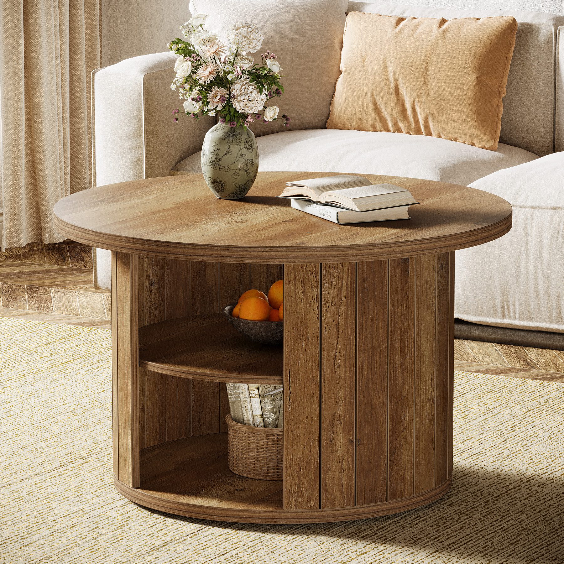 Tribesigns Couchtisch Runde 80cm Industrial 2-Tier-Kreis Wohnzimmertisch mit Lagerung Regale – Bild 3 von 5
