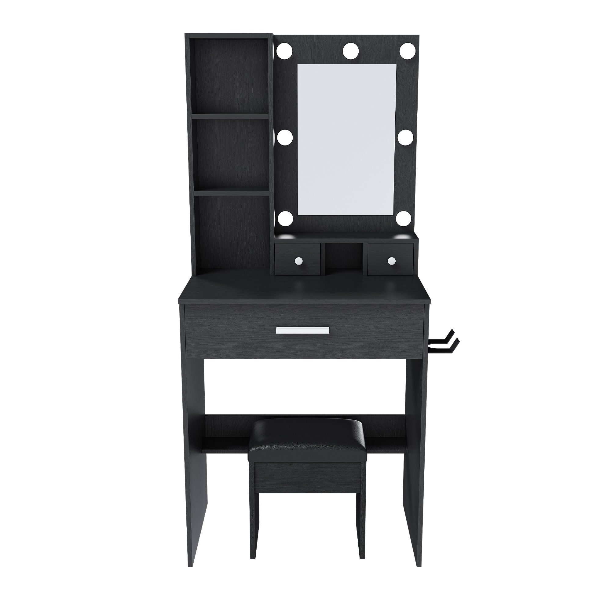 KLAM HOME Schminktisch Weißer Schminktisch mit LED-Spiegel und gepolstertem Hocker (Kompakter Make-up Tisch mit Föhnhalter und Schubladen), Schminktisch-Set mit verstellbarer LED-Beleuchtung