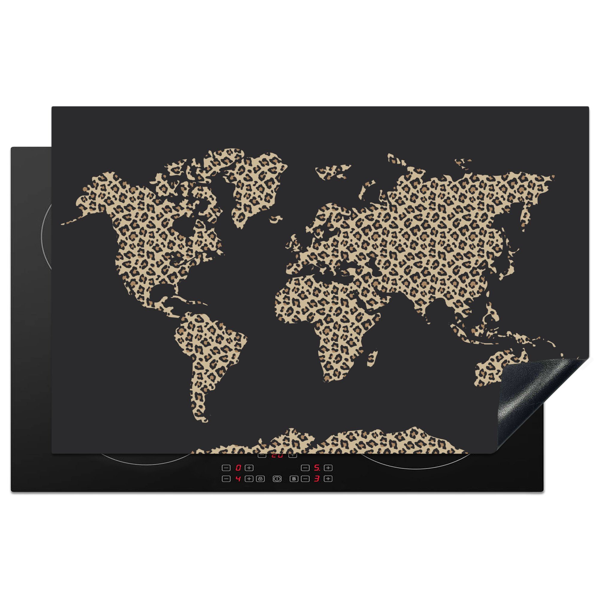 MuchoWow Herdblende-/Abdeckplatte Weltkarte - Tiermotiv - Leopard, Vinyl, (1 tlg), 81x52 cm, Induktionskochfeld Schutz für die küche, Ceranfeldabdeckung
