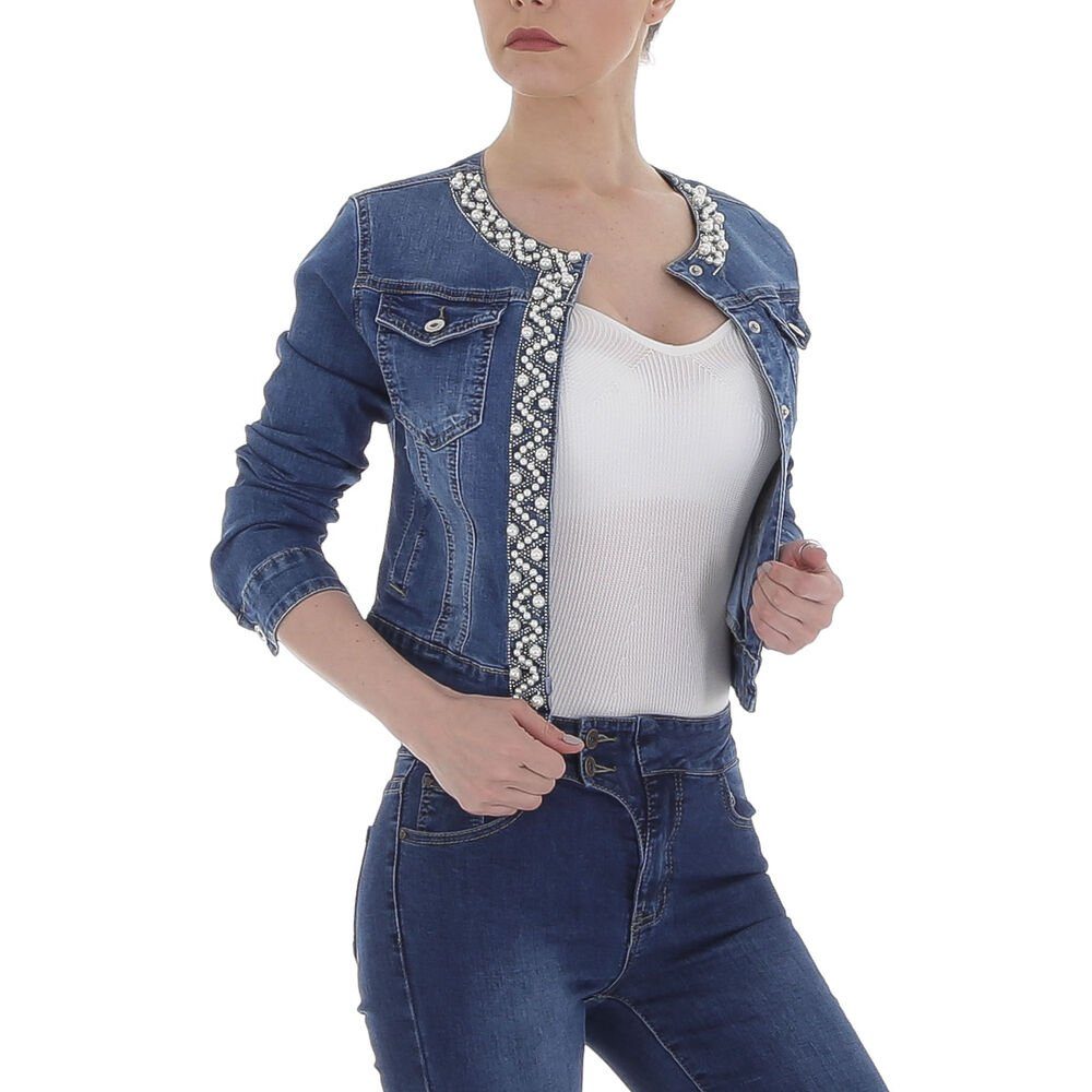 Ital-Design Jeansjacke Damen Freizeit Perlen Stretch Jeansjacke in Blau