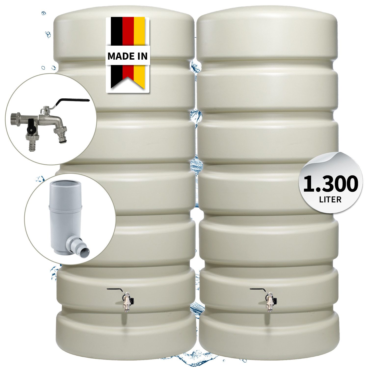 4rain Regentonne CLASSIC Regentonne Wandtank-SET Komplett-Set 1300 L, sandbeige, 1300 l