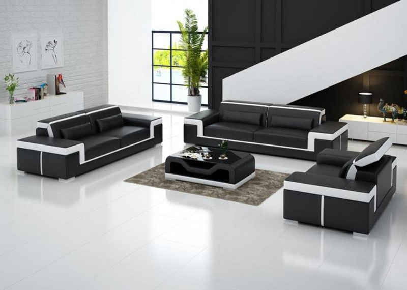 JVmoebel Sofa Schwarz-weiße Sofagarnitur 3+2 Sitzer Leder Sofa Couch Garnitur, Made in Europe