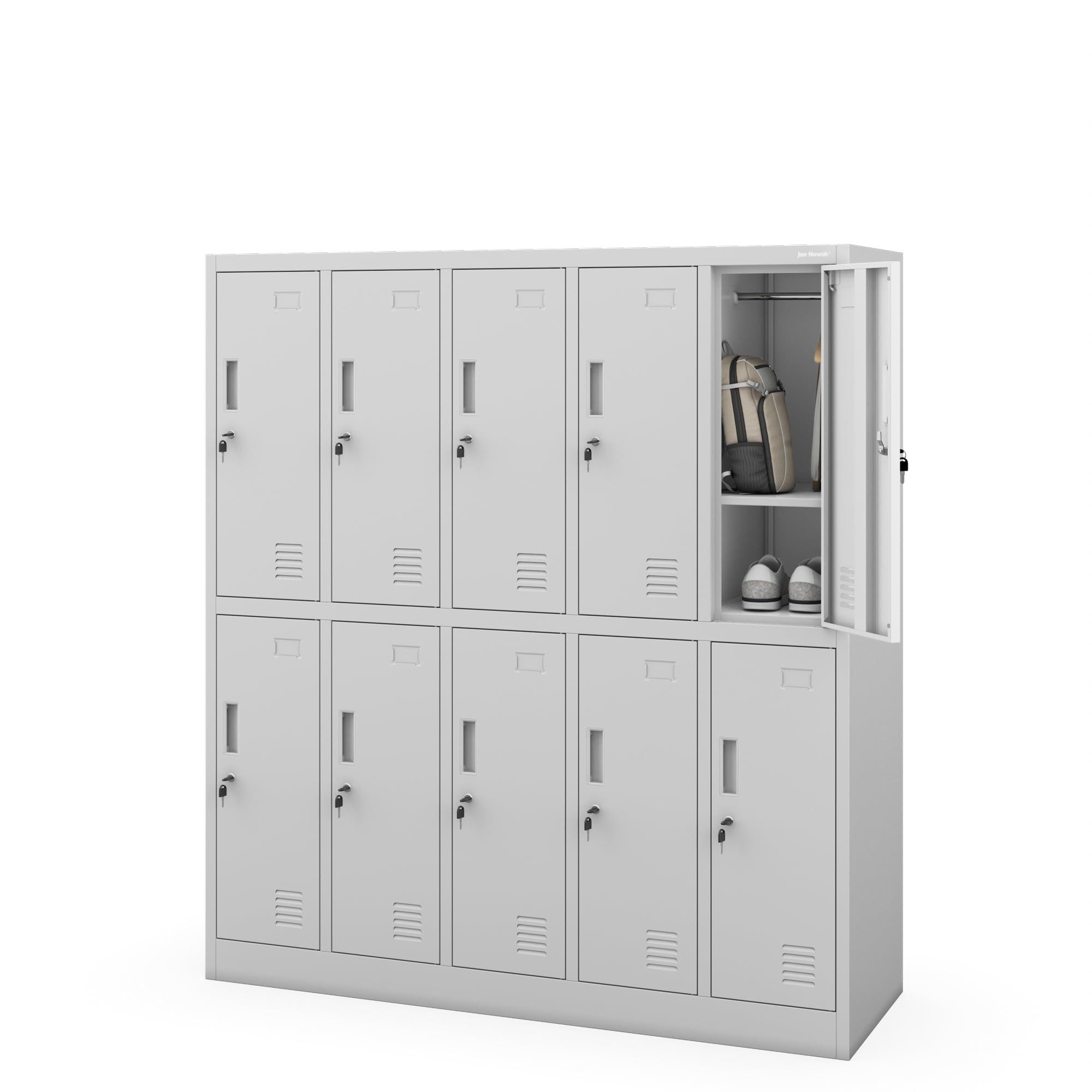 Jan Nowak Mehrzweckschrank Metall Schulspind 136 cm BARTUS 10 Fächer abschließbar 150 cm (Spind Kindergartenspind Umkleide Sportverein Flur Kinder, 0,6 mm 150 x 136 x 45 cm Wandmontage Zylinderschloss 30 kg 66 kg) Lüftungsschlitze Namensschildhalter Kleiderstange Ablage 5 Farben