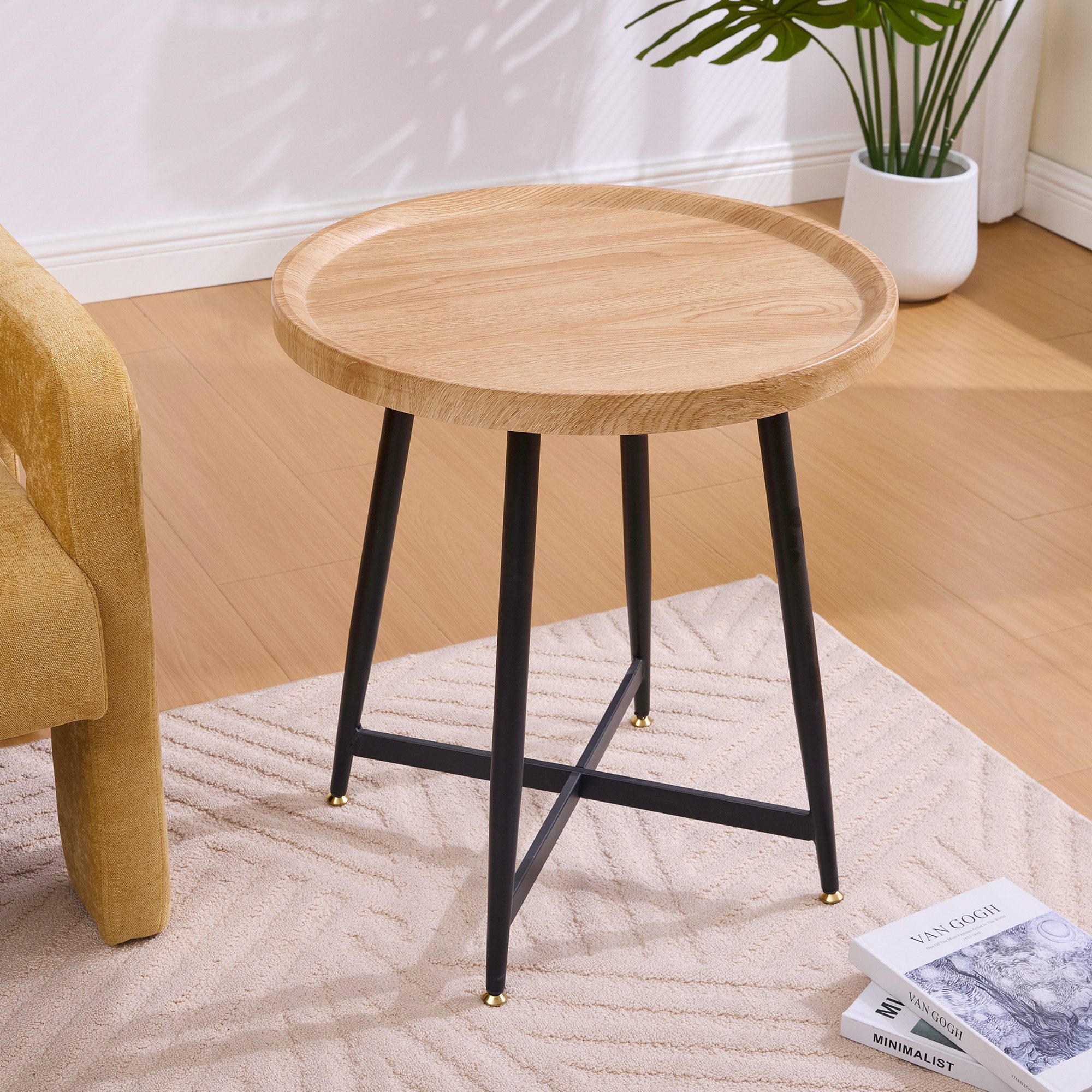 MODFU Couchtisch Minimalistischer runder Holztisch, Kaffeetisch Sofatisch (mit stabilem Metallrahmen), Kompakter Sofatisch- und Wohnzimmertisch