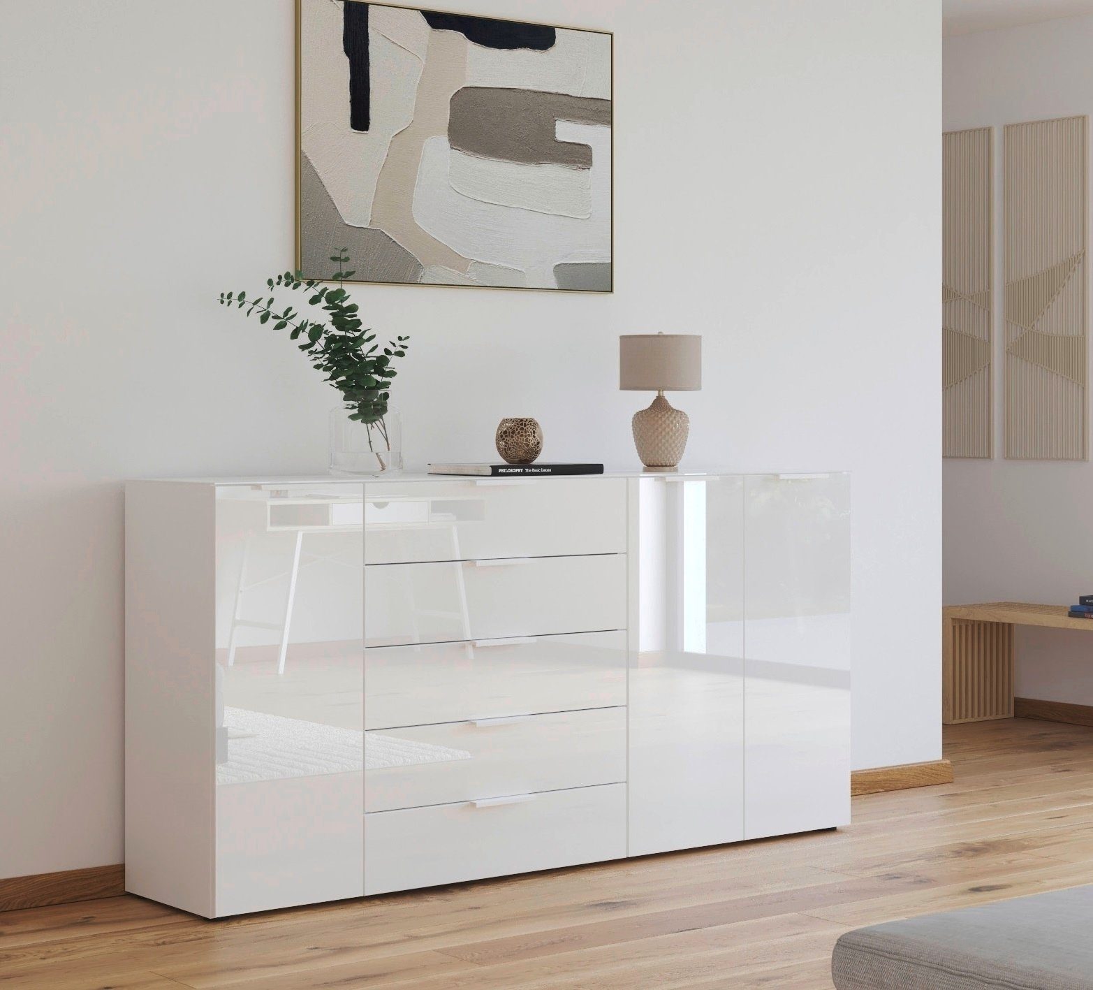 rauch Kombikommode Kommode Türkommode Sideboard Kombikommode FLIPP mit Glasfront (Breite 200 cm mit 4 Einlegeböden), 3-türig, 5 Schubladen, Soft-Close-Funktion, Oberboden und Front Glas