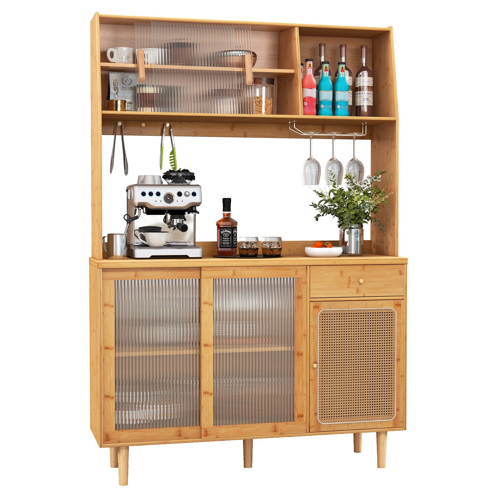 COSTWAY Küchenbuffet mit Aufsatz, Schublade & Haken, Bambus 120x35x175cm günstig online kaufen