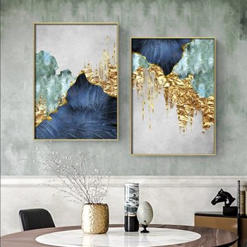 TPFLiving Kunstdruck (OHNE RAHMEN) Poster - Leinwand - Wandbild, Nordic Art - Abstrakte Strukturen - Bilder Wohnzimmer - (3 Motive in 8 verschiedenen Größen zur Auswahl), Farben: Blau, Gold, Grau und Beige - Größe: 21x30cm